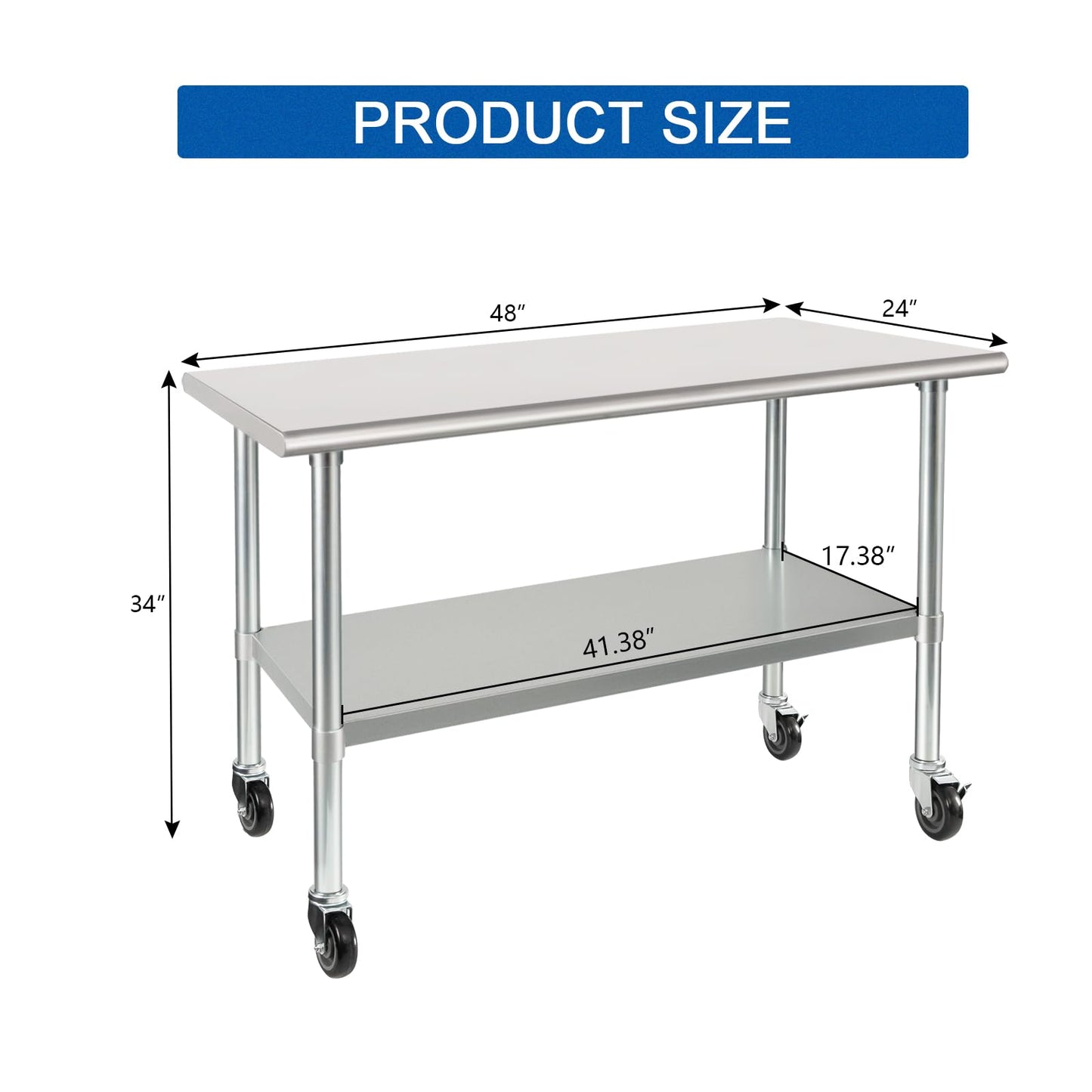 HARDURA Stainless Steel Table with Wheels 24 x 48 Inches Casters NSF Heavy Duty Commercial Work & Prep Table with Undershelf and Galvanized Legs for Restaurant Kitchen Bar and Hotel Garage