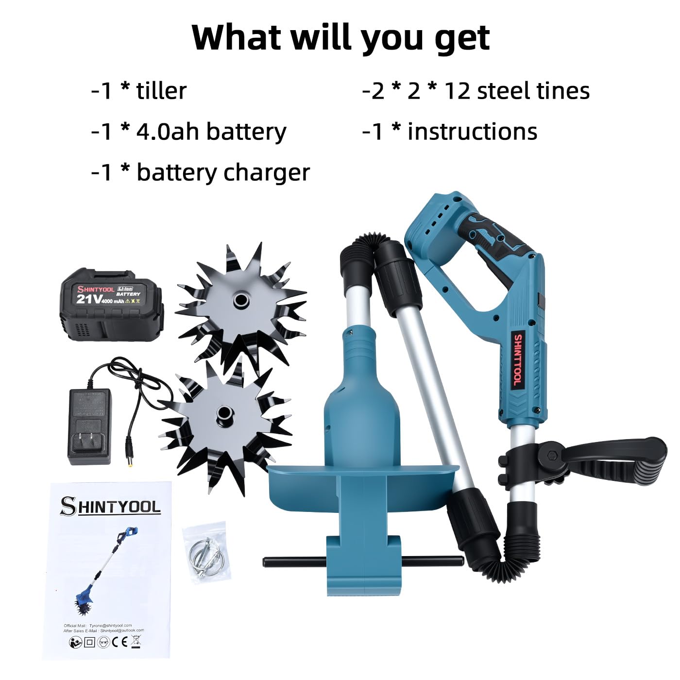 21v Cordless Tiller, 8-Inch Wide 4.0 Ah Battery Powered Garden Cultivator, Cultivator with Steel Tines and Battery Capacity Display, Rototiller for Lawn/Gardening/Soil Cultivation (Blue) by Shintyool
