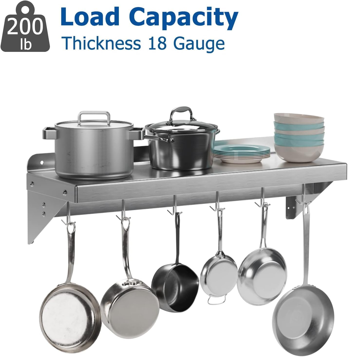 DEXSO 2 Pack Stainless Steel Wall Mount Shelves 12" x 36" NSF Certified with 6 Hooks - Versatile Metal Storage Racks with Backsplash for Organizing Cookware in Home and Kitchen