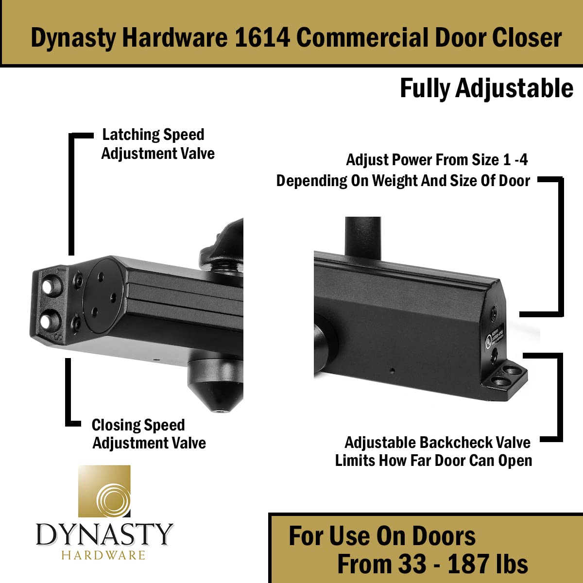 Dynasty Hardware Door Closer, Grade 1 Heavy Duty Commercial Hydraulic Closer, Self-Closing, Adjustable Spring Size 1-4, ADA Compliant, Surface Mount, Sprayed Duronotic Bronze, Series 1614