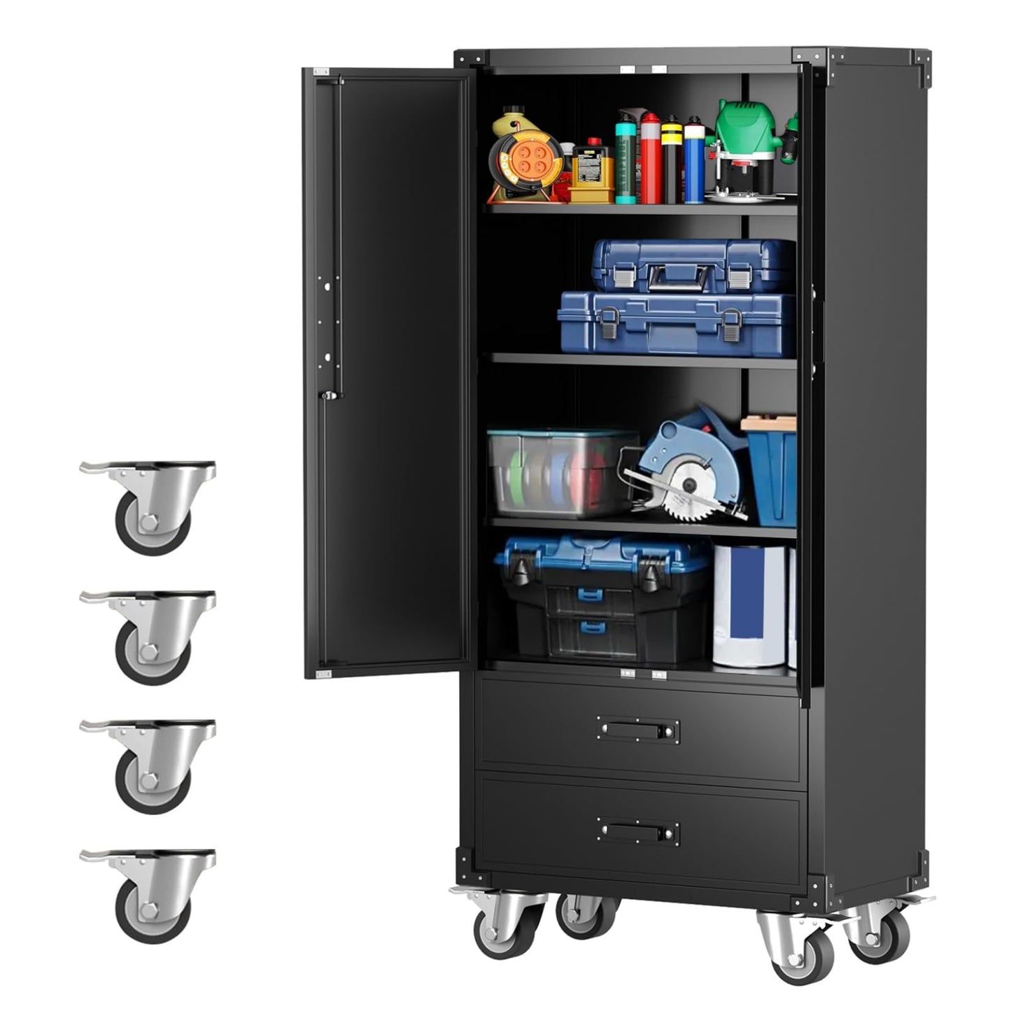 PeacefulHues 67in Garage Storage Cabinet with Door Pegboard,Lockable Metal Storage Cabinet with Adjustable Shelves, Heavy Duty Rolling Storage Cabinet for Garage Home,Required Assembly,Black