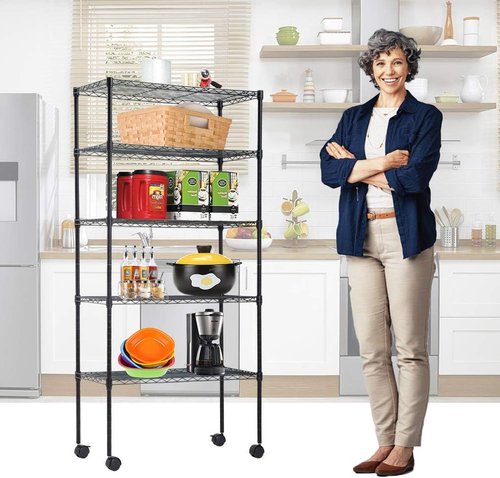 BestOffice 5-Tier Wire Storage Shelves - Heavy-Duty Metal Racks with Wheels | Adjustable 14x30x60 | Black | Easy No-Tool Assembly