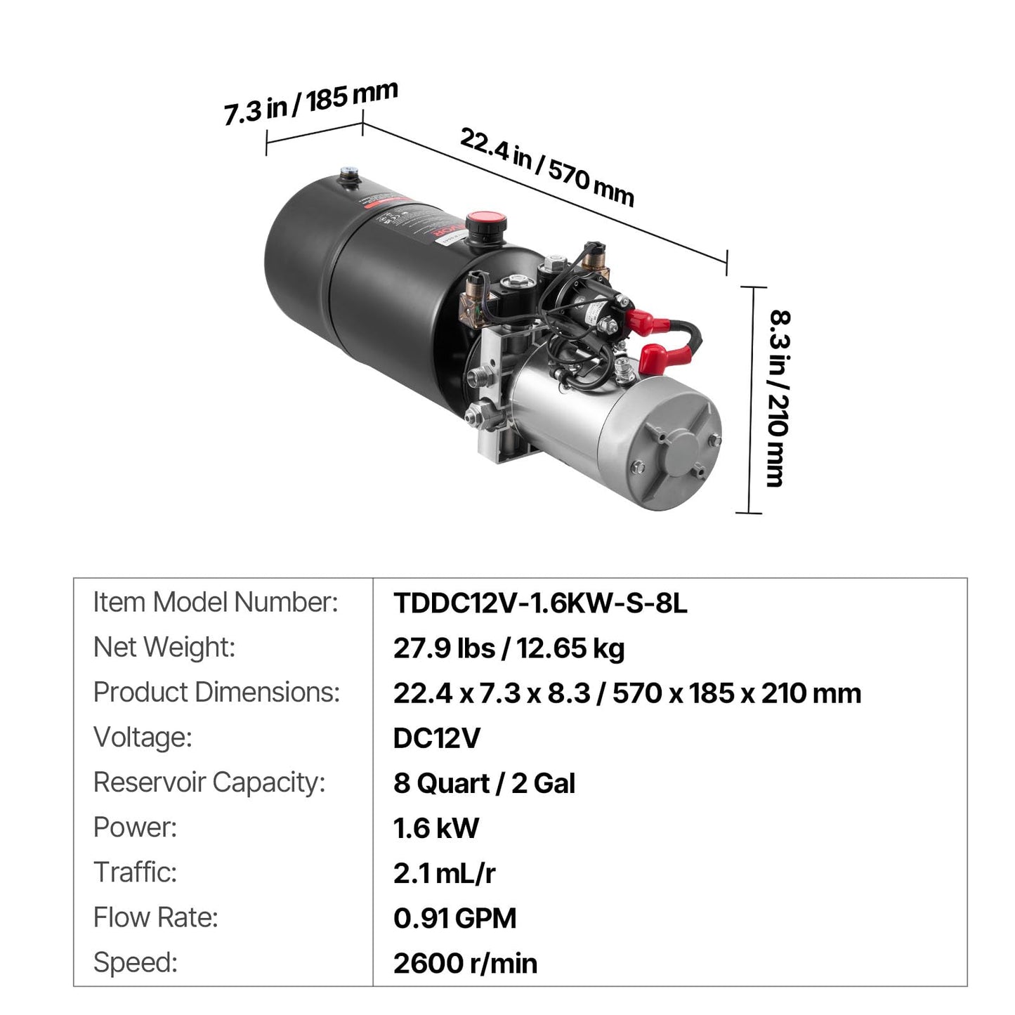 VEVOR 8 Quart Hydraulic Power Unit, Double Acting Dump Trailer Pump, 3200 PSI Max Relief Pressure & 0.91 GPM Flow Rate, DC 12V Hydraulic Pump with Metal Reservoir for Dump Trailer Car Lifting
