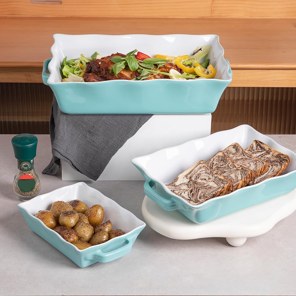 Sweejar Casserole Dishes - Ceramic Bakeware Set of 3 with Handles | Rectangular Wave Edge Lasagna Pan (Turquoise)