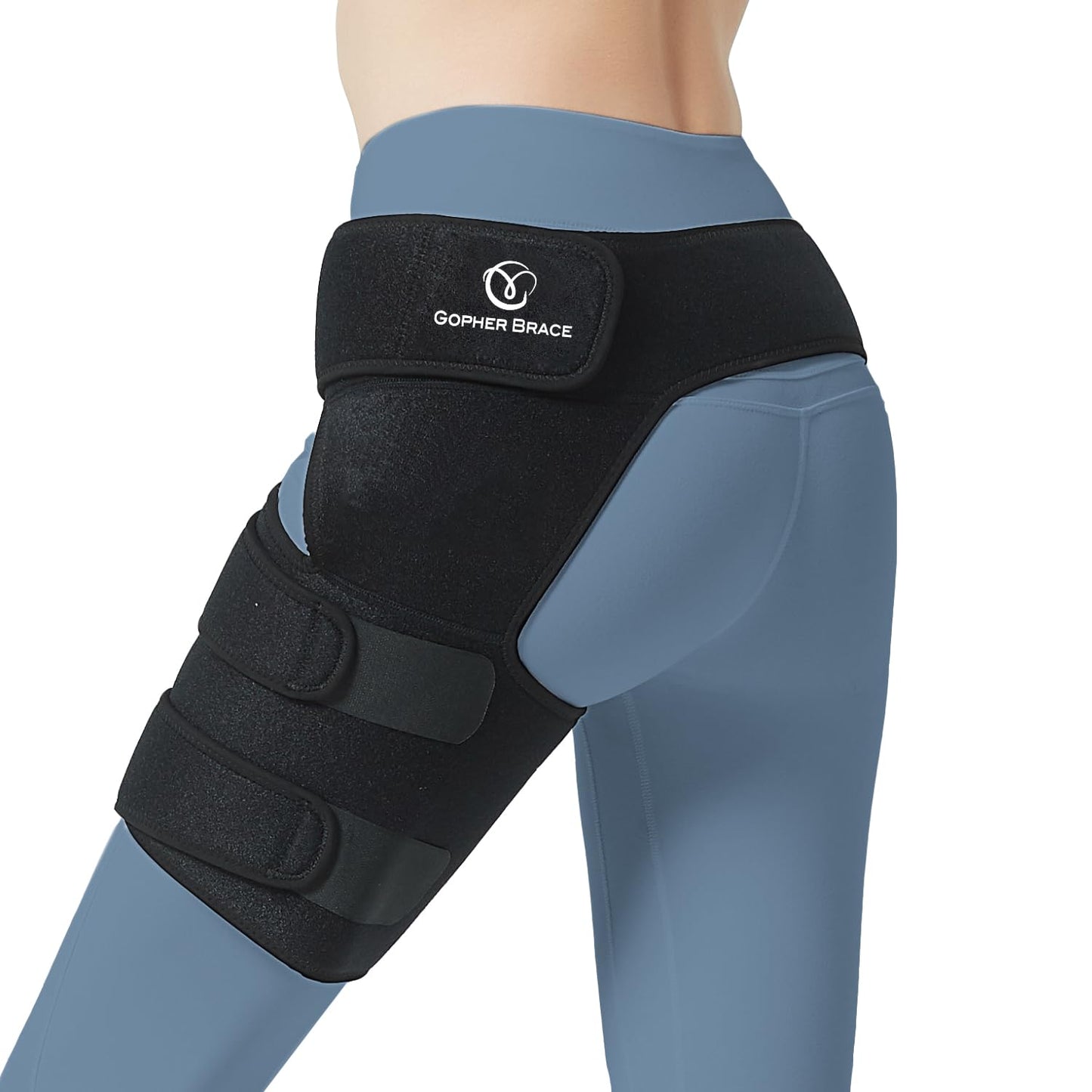 GOPHERBRACE Hip Brace Thigh Compression Sleeve - Adjustable Groin Compression Wrap for Sciatic Nerve Pain Relief, Hip Flexor Strain, Hamstring Pull, Joint Stabilizer for Men for Women (Black Left)