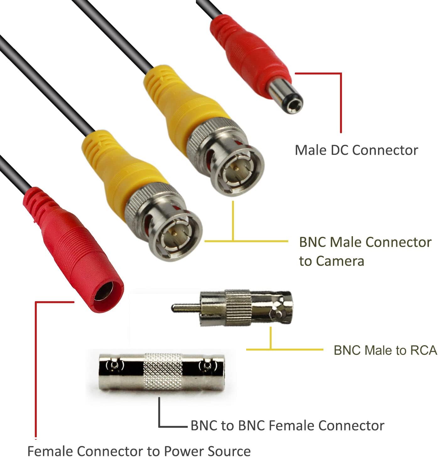 4 Pack 60Ft Bnc Video and Power Cables, All in One Extension Cables for CCTV Camera DVR Security Systems, Includes BNC