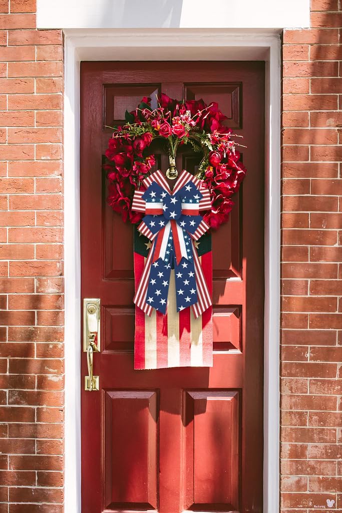 Threetols Patriotic Wreath Bows - Large Burlap Red, Blue & White Stripe for 4th of July Decor