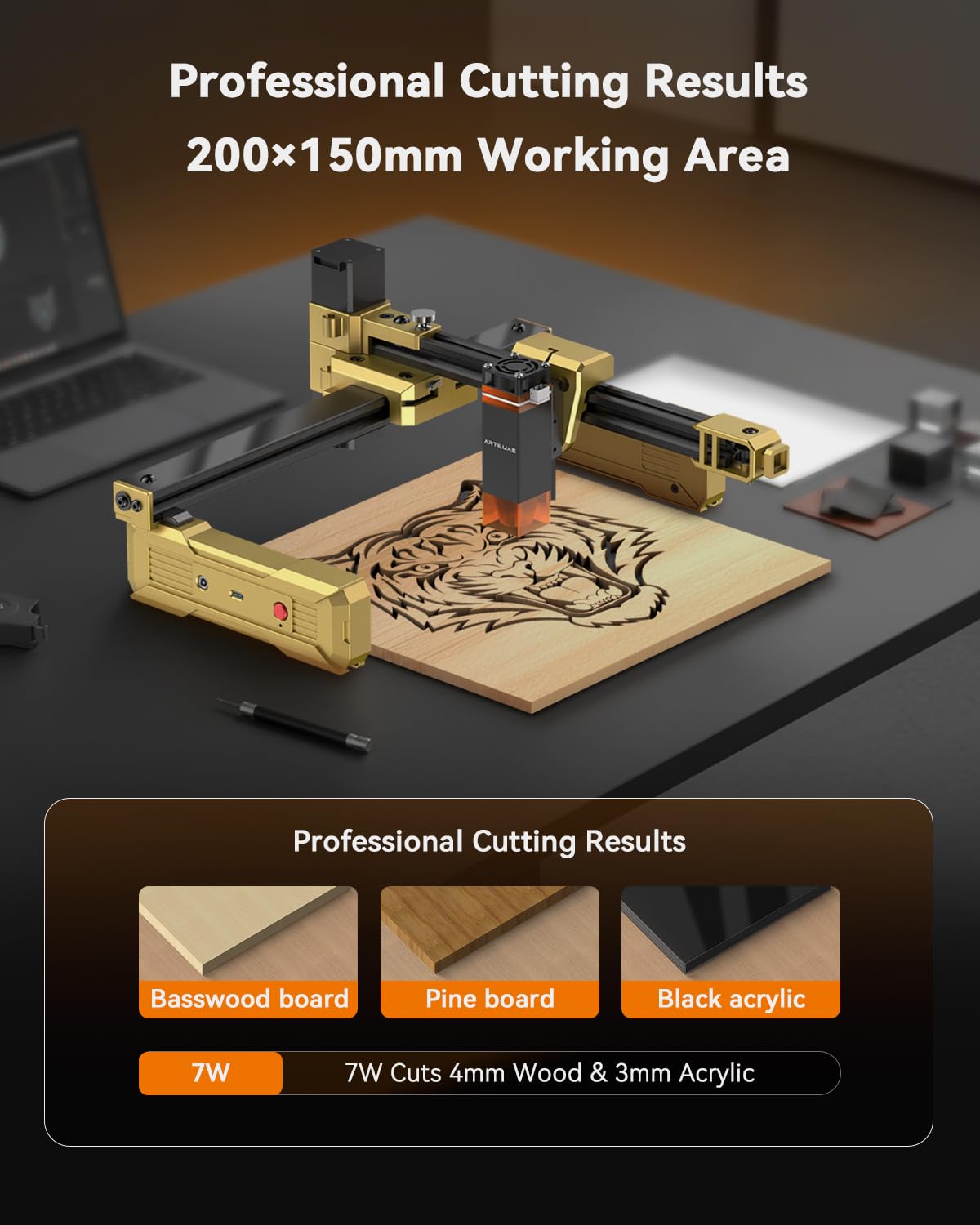Artilume Laser Engraver Portable Laser Cutter Foldable Laser Engraving Machine for Small Business 200x150mm Working Area for Wood Leather Acrylic Coated Metal–DIY & Crafting T1-7000mW