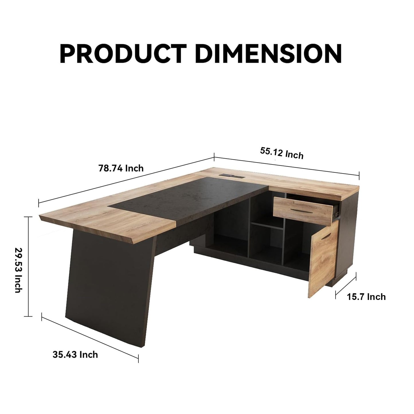 GT BLACK TURNSTONE Office Desk with Drawers, 78.74 Inches L-Shape Executive Desk, Industrial Wood Desk with Storage Shelves, Modern Computer Desk for Home Office, Black and Wood, Right
