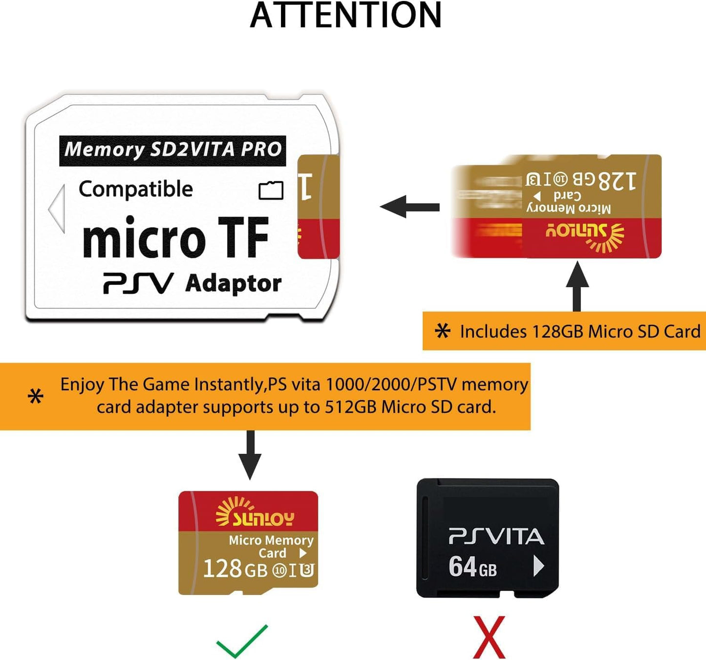 Sunloy SD2Vita 6.0 128GB 1000/2000 3.60 PS Vita Memory Card Adapter with Micro SD Card, High Speed microSDXC UHS-I