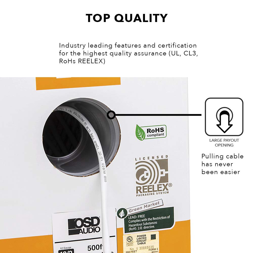 OSD Audio 16/2 Speaker Wire 16 AWG/Gauge 2 Conductor UL List in Wall Direct Burial Graded CL2/CL3 Oxygen Free Copper OFC 500 Foot Snag Free Easy Pull Heavy Duty Box - Black