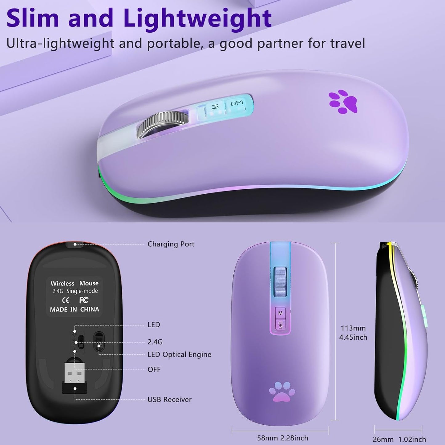 KARFUN 2.4G Wireless Mouse, Backlit LED Portable Slim Computer Mouses for Laptop, PC, Computer, MacBook, iPad