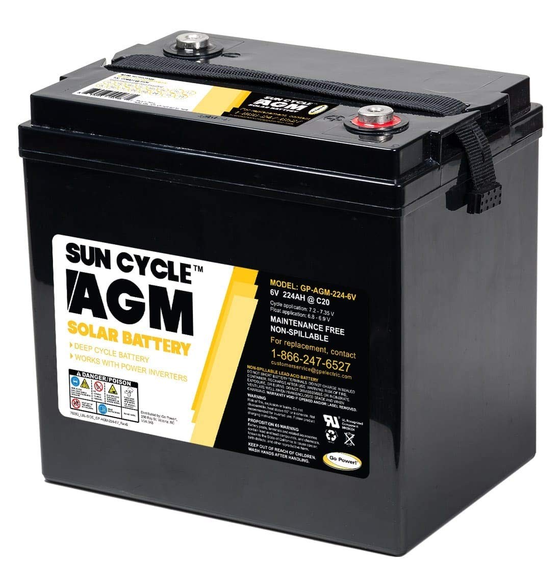 Go Power GP-AGM-224-6V 6 Volt AGM Deep Cycle Battery - 224 Amp Rechargeable Replacement Solar Battery for PV Solar, Inverters, RV & Off-Grid Use