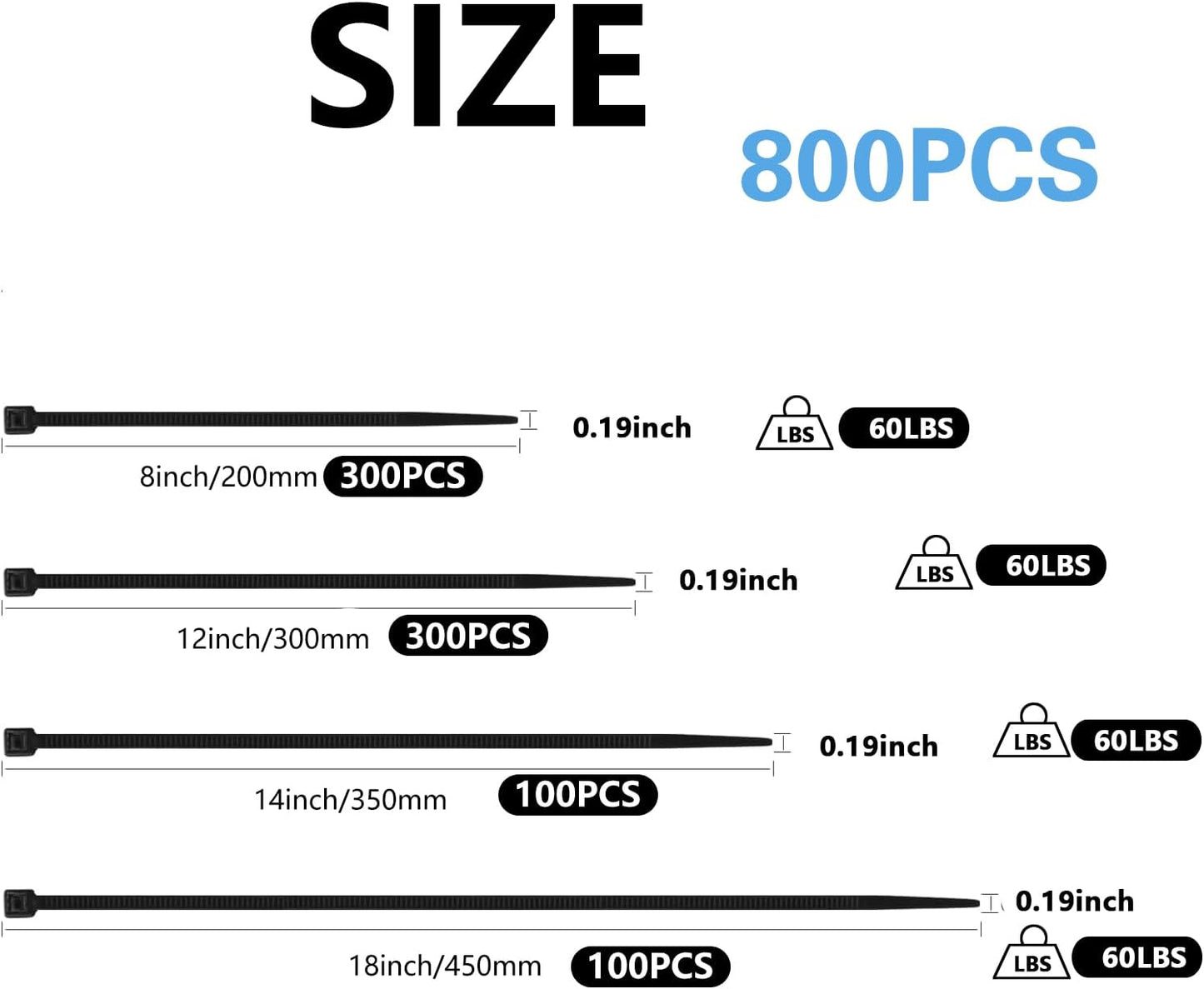 MasiStranth 800 8+12+14+18 Inch PCS Black Zip Ties Assorted Sizes Self-locking Nylon Cable ties Heavy Duty Outdoor, UV