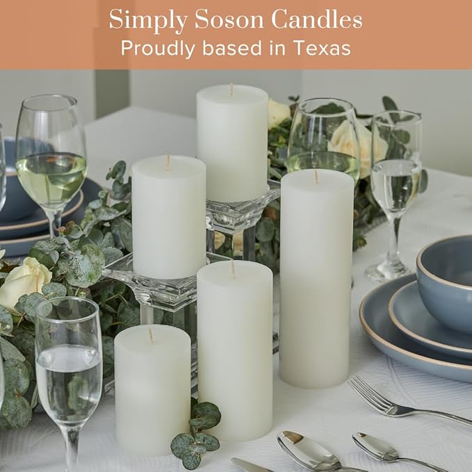Simply Soson 3x4 inch White Pillar Candles Set of 6, Smooth Texture, Unscented White Candles, Dripless Candles, 3 inch Pillar Candles Ideal as Wedding, Parties, Spas, Dinner, Home Decoration, Church