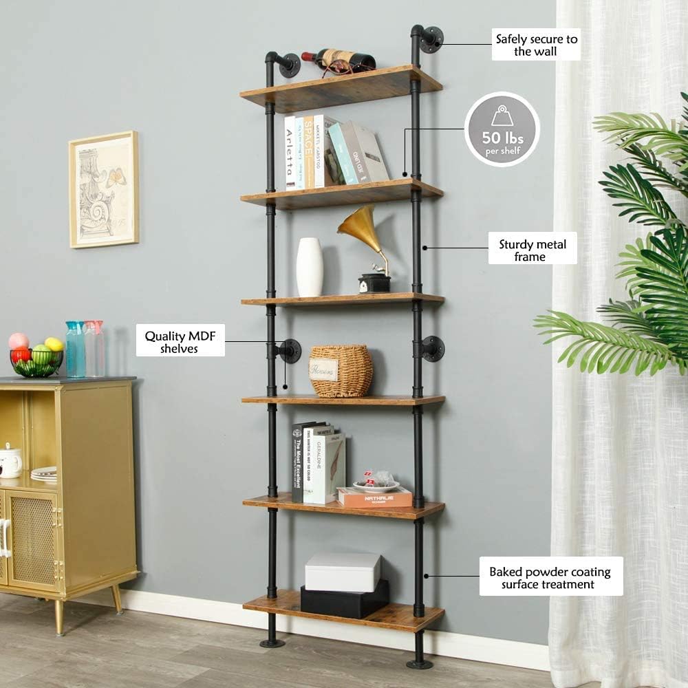 ZIOTHUM 6-Tier Industrial Pipe Shelves Shelf Shelving Rustic Wood Metal Wrought Iron Ladder Bookcase Bookshelf Wall Mounted Mount DIY Loft Vintage Floating Hanging Storage Display (23.6x9.8x78.7)
