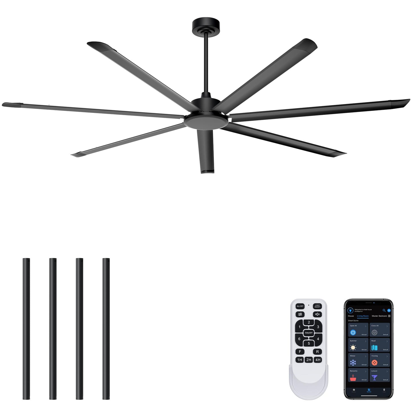 Ohniyou 96'' Ceiling Fan No Light, Black Industrial Ceiling Fan with Remote/APP, 7 Aluminum Blades, 17500 CFM DC Motor for Shop, Warehouse, Gym, Garage, Patios