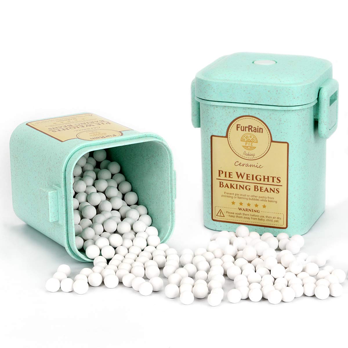 FurRain Ceramic Pie Weights Reusable 10mm Baking Beans Pie Crust Weights Natural Ceramic Stoneware with Wheat Straw Container