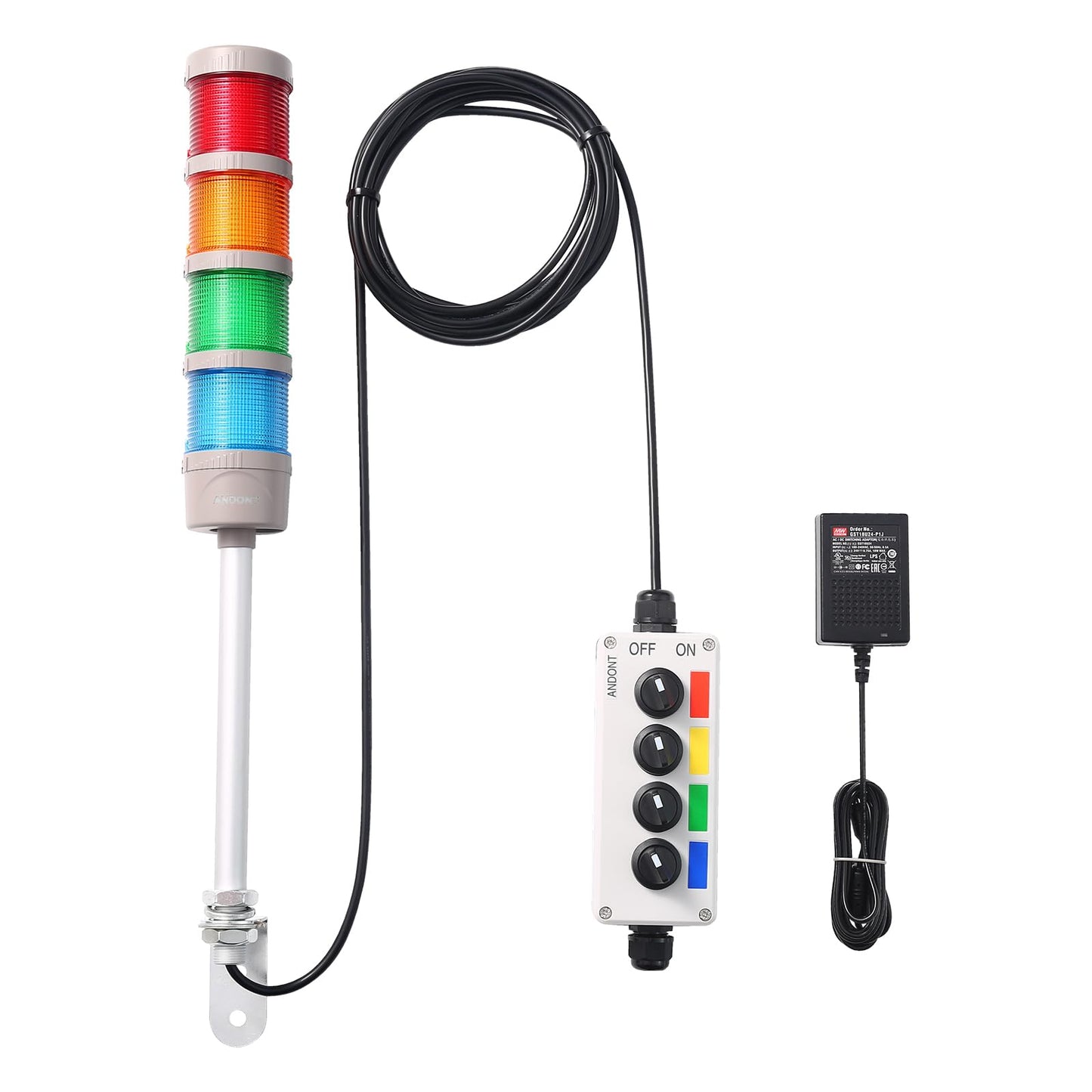 ANDONT 4-Stack LED Andon Tower Signal Light, Red/Yellow/Green/Blue, On/Off, ABB Selector Switch, Mean Well Industrial Power Adapter 6 ft & 16 ft Extension Cord, IP65 Rated, Plug-and-Play