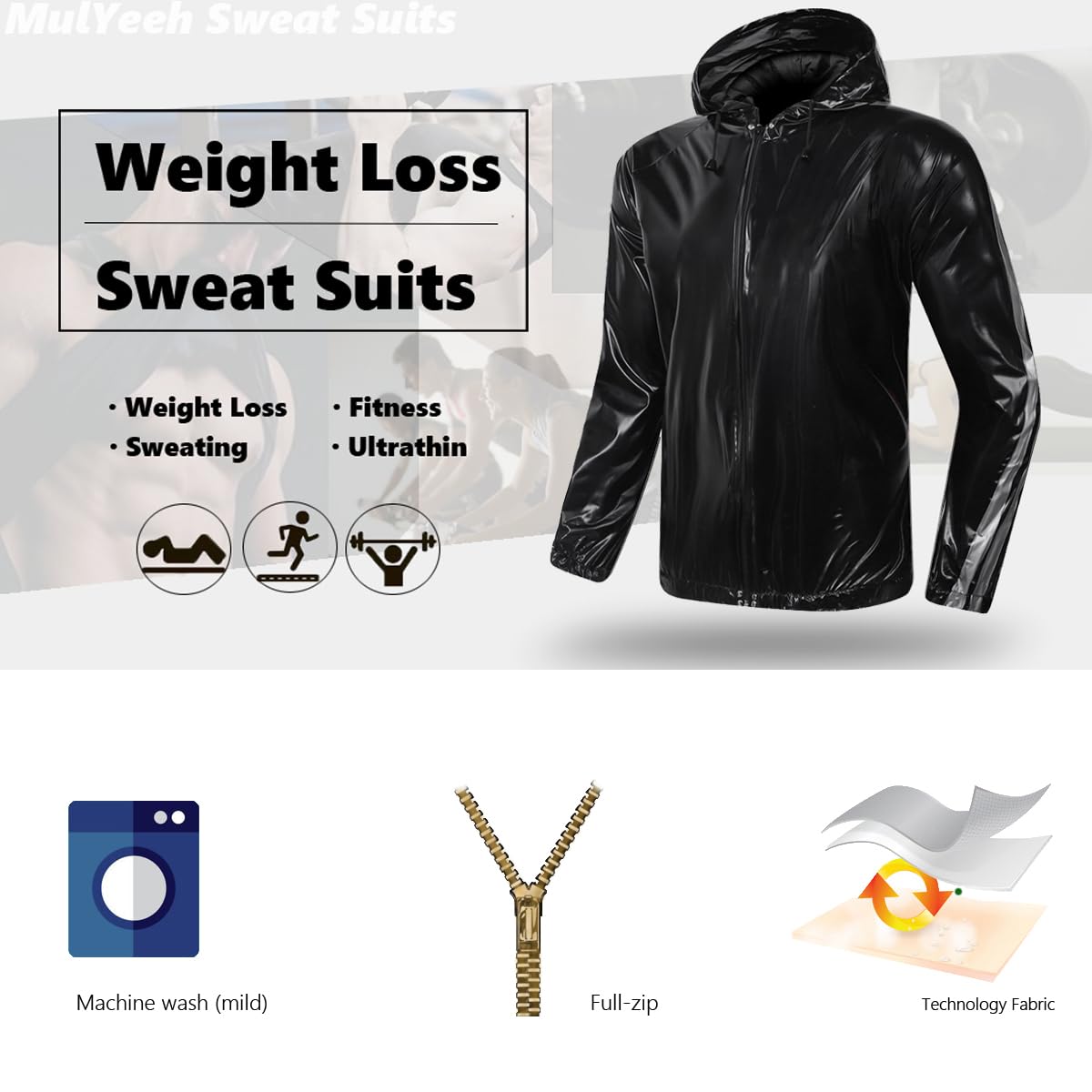 MulYeeh Weight Loss Sweat Suit Anti-Rip Heavy Duty Full-Zip Sauna Suit Fitness Exercise Gym Top Pant with Hood for Men Women