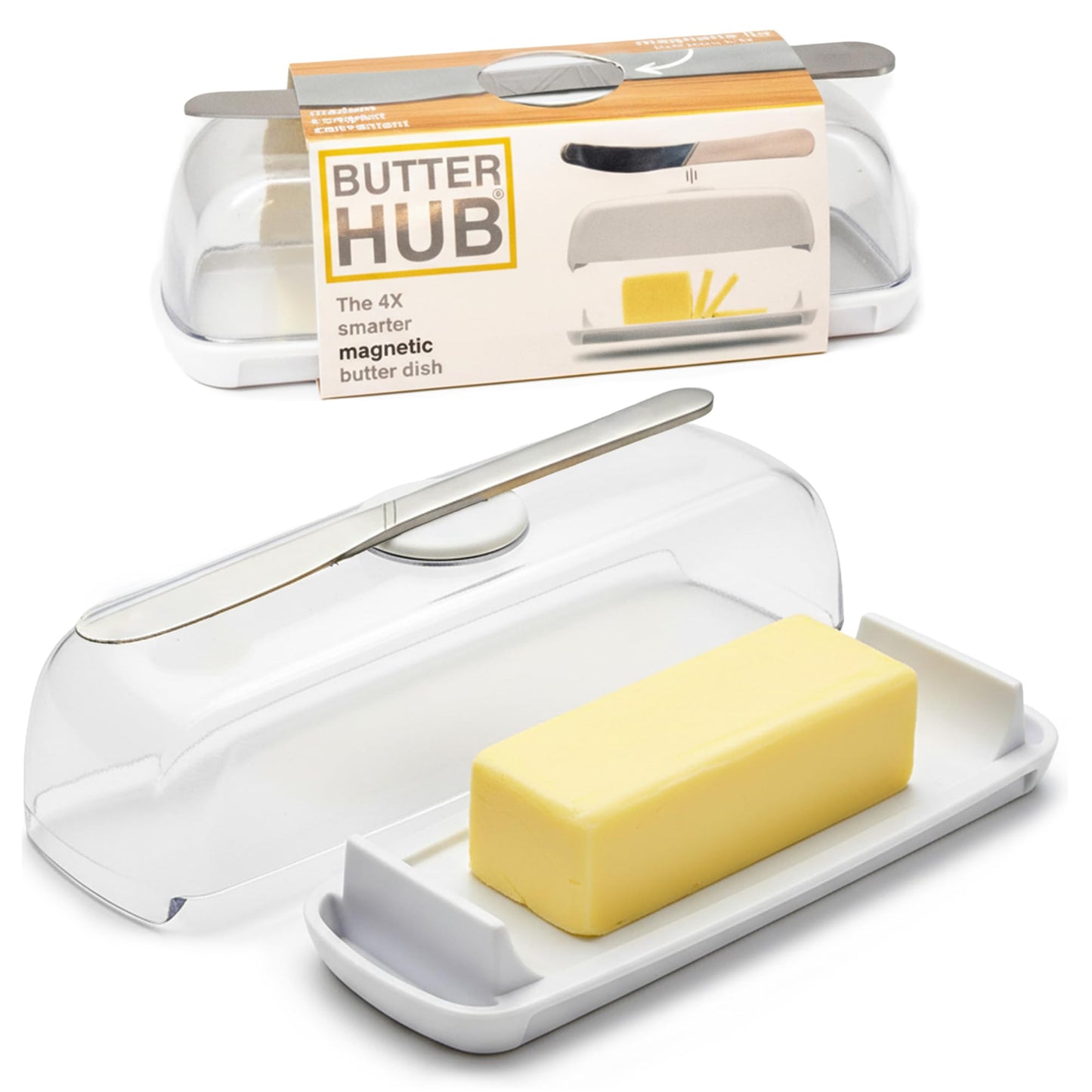 Butter Hub Butter Dish with Lid and Knife for Countertop - Covered Plastic Dish Keeper with Magnetic Knife Holder, Easy Scoop, No Mess Lid Container, Dishwasher Safe, BPA-Free - Clear, 1 Stick