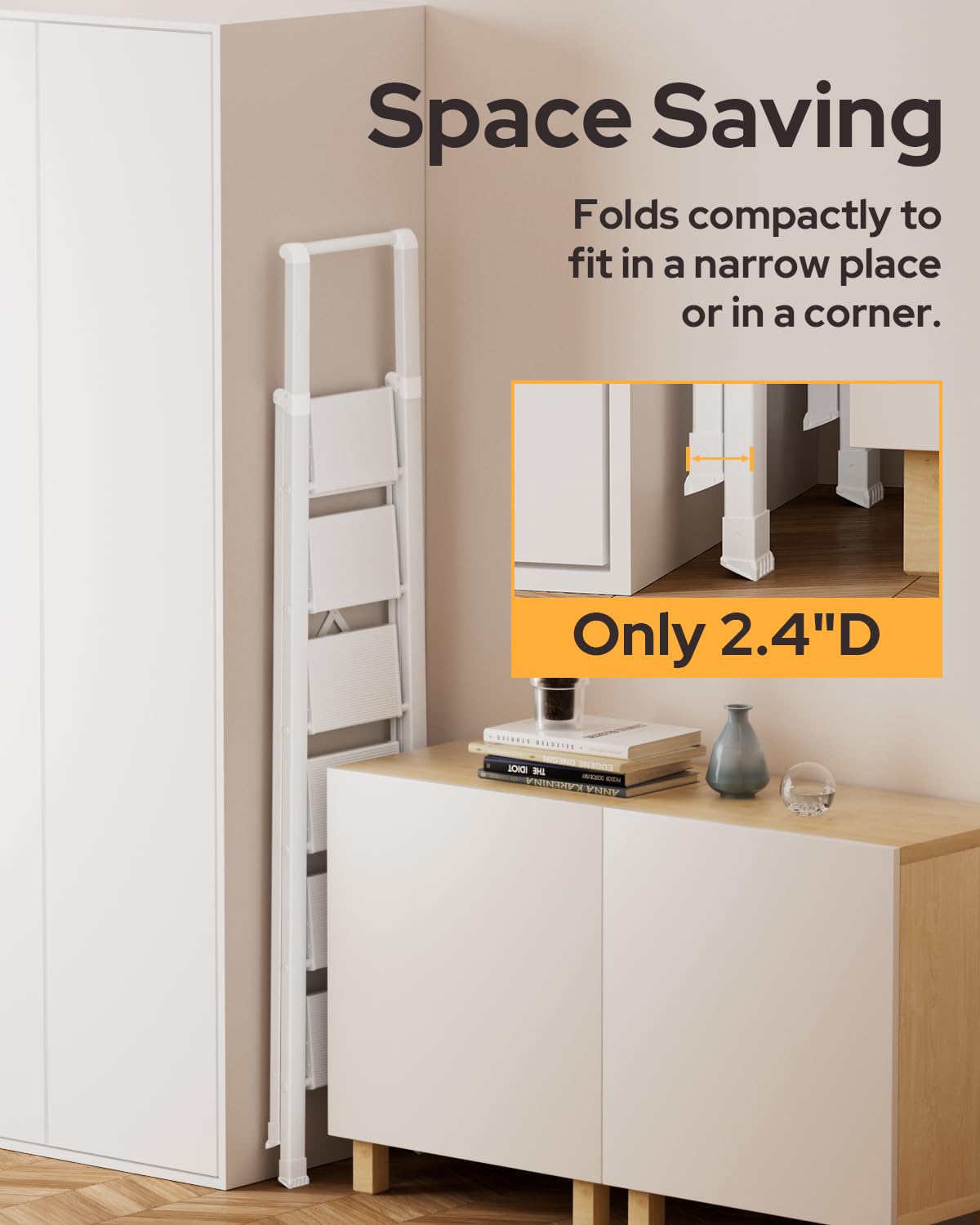 GameGem 6 Step Ladder for 12 Feet High Ceiling, Lightweight Aluminum Folding Step Stool with Convenient Handgrip, Stepladders with Anti-Slip and Wide Pedal for Home Use Space Saving - White