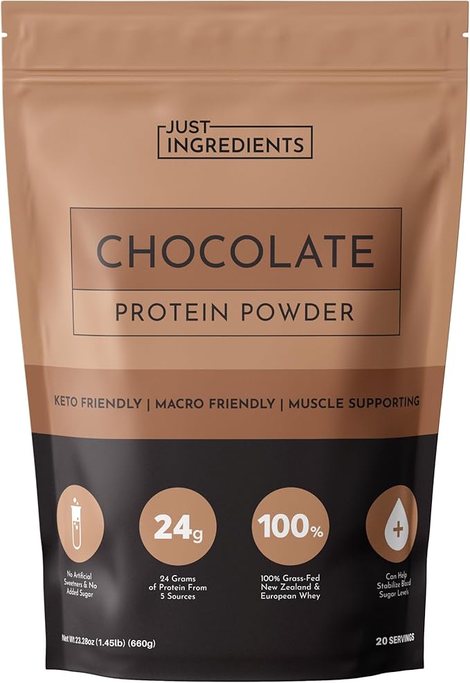 JUST INGREDIENTS Chocolate Protein Powder ??20-Serving Blend with 100% Grass-Fed Whey & Organic Plant Proteins ??Rich Cocoa Flavor ??Supports Muscle Recovery, Energy*