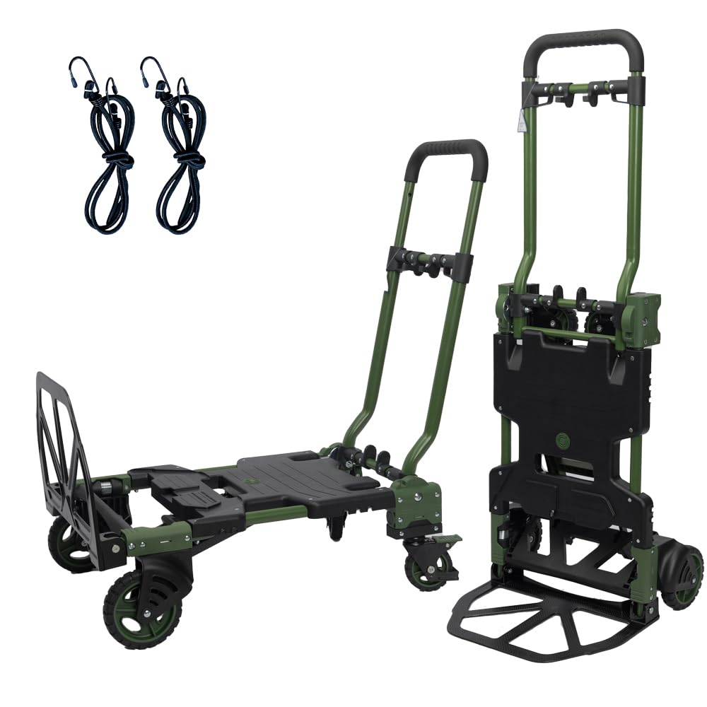 2-in-1 Black Folding Small cart, Outdoor Cargo handling Vehicle, Flatbed Trailer with a Load Capacity of 330 pounds (1, Green+Black Brake)