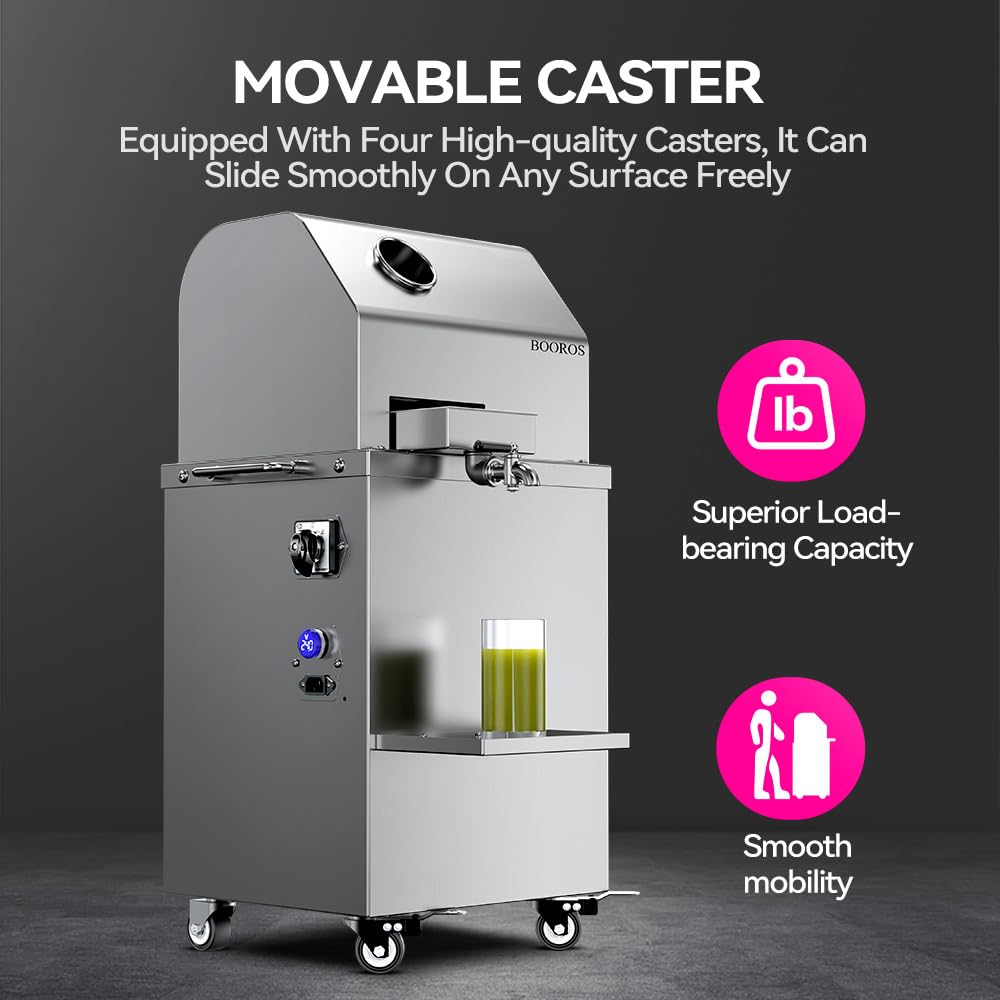BOOROS Sugar Cane Juicer Machine 1100W Sugarcane Juicer With 3 Stainless Steel Rollers and 2.4" Extra Large Inlet, 300KG/H High Output Commercial Sugar Cane Juice Extractor,110V,Home/Commercial
