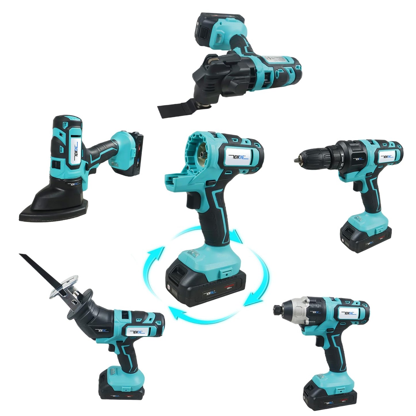 NEWONE 5-Tool Cordless Tool Combo Kit Compatible with Maki-ta 18V Battery,Tool Set with Drill, Reciprocating Saw, Driver, Oscillating Tool, Sander with Accessories, 2.0Ah Lithium Battery and Charger