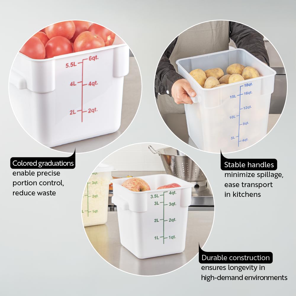 Restaurantware Food Storage Container 10 Pack of 4 qt Plastic Kitchen Storage Bin with Volume Markers Space-Efficient Design Dishwasher-Safe Polypropylene White