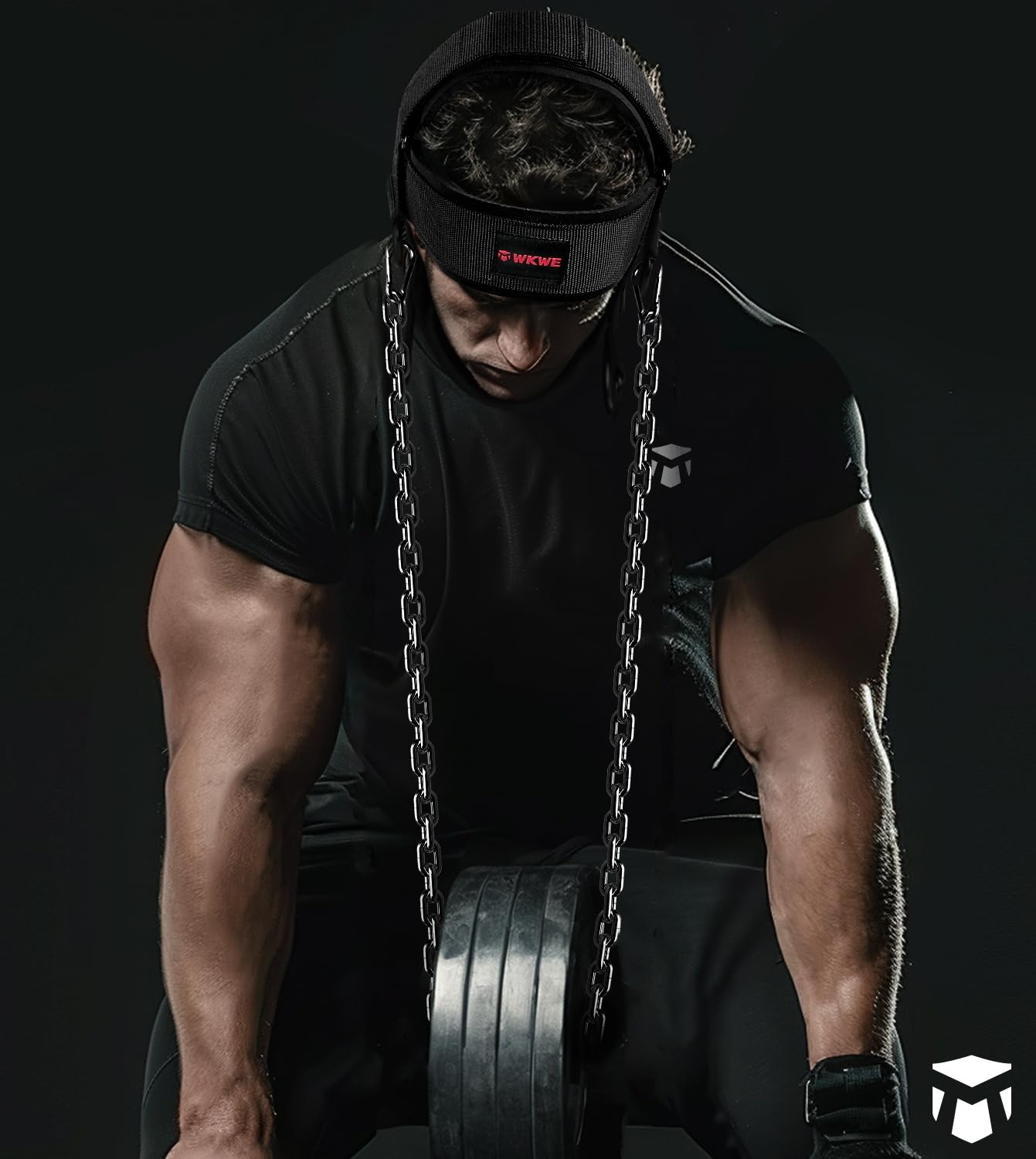 WKWE Neck Harness for Increases Neck Core Strength - Neck Exerciser with 30" Heavy Duty Steel Chain for Safely Lifting Weights Up to 280 lbs, Adjustable Head with Nylon Tether and 2 Carabiners Manually-operated exercise equipment