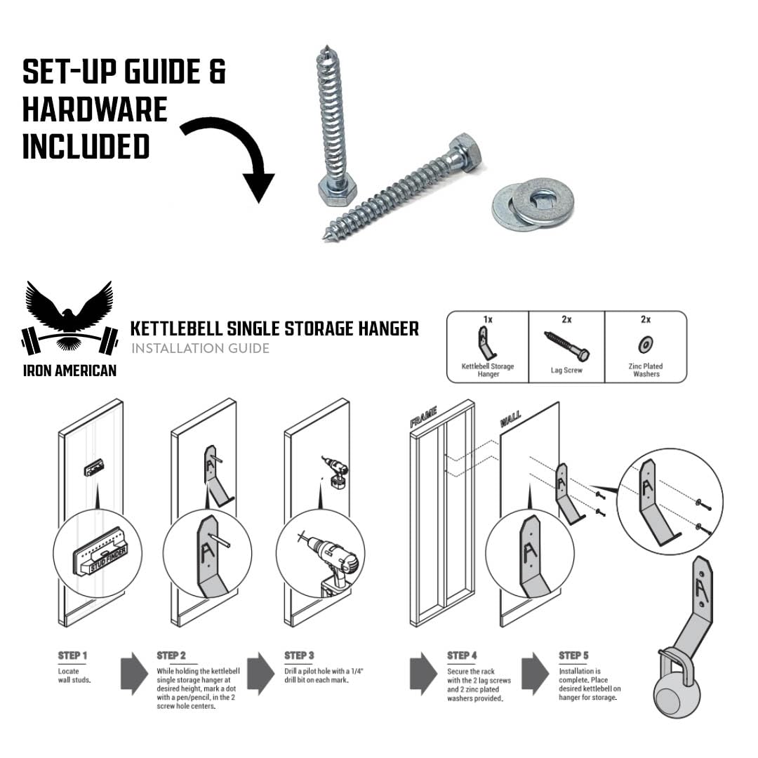 IRON AMERICAN Kettlebell Hook Gym Wall Mount Hanger, 100+ Pound Capacity - Gym Storage Rack Gym Wall Mount - Hang Any Size Kettlebell, Hardware Included (3-PACK))