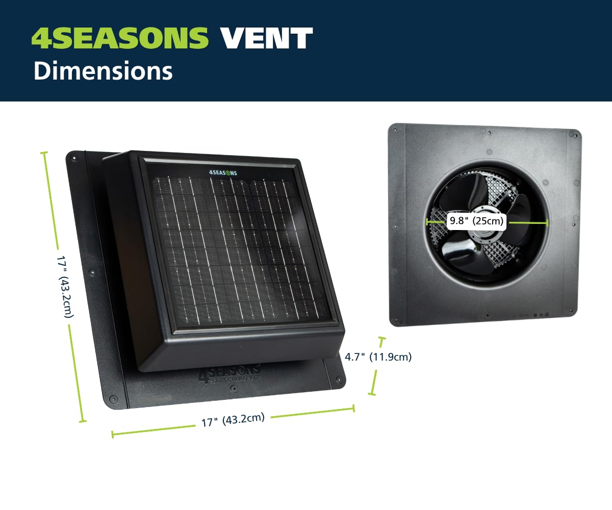 4SEASONS Solar Attic Vent Fan – 400 CFM Airflow, Up to 500 sq. ft., 12W Solar Panel, CSA A93 Certified, Polycarbonate Housing, Quiet Roof Ventilation