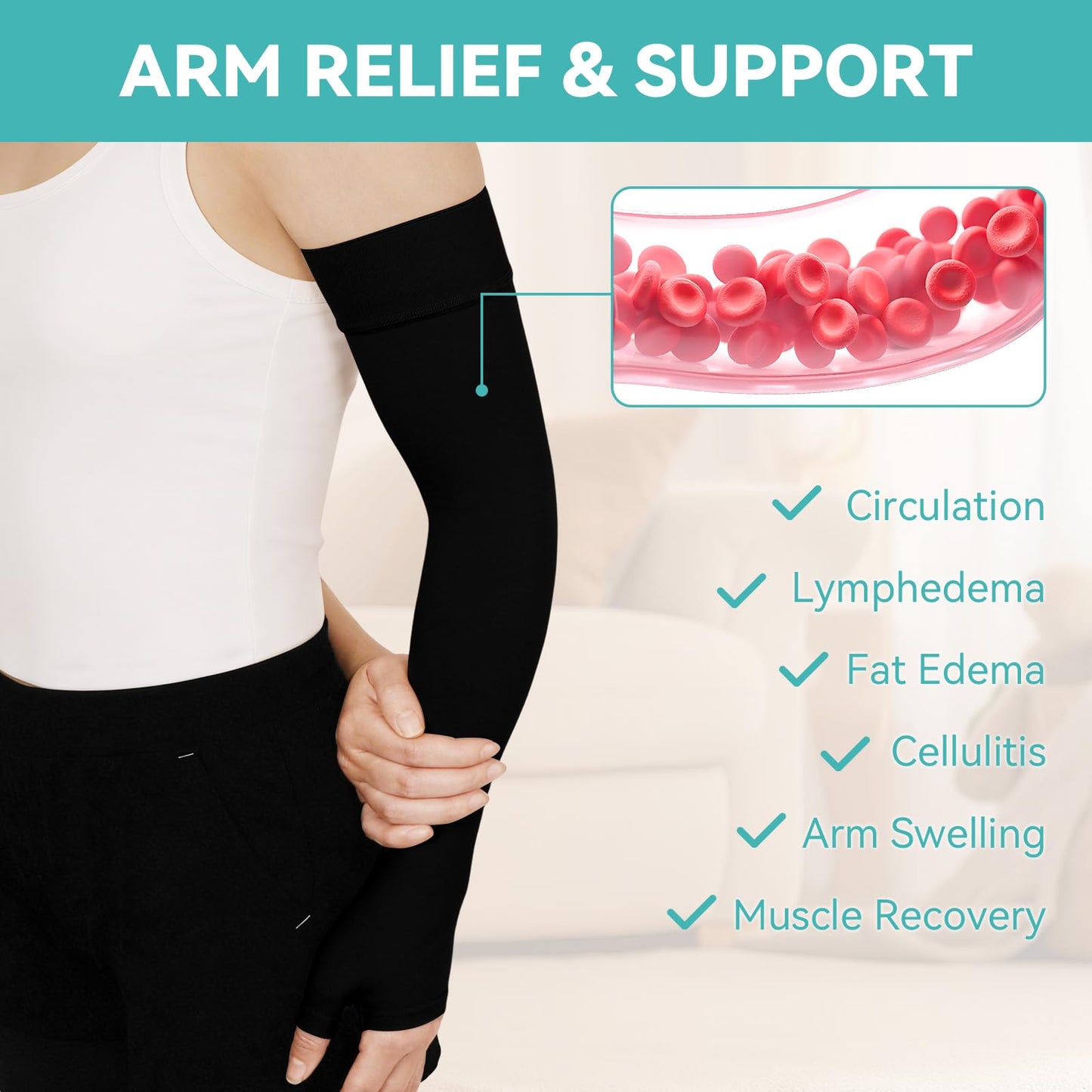 Lymphedema Compression Arm Sleeves for Women Men with Gauntlet, 20-30 mmHg Graduated Compression Full Arm Support for Arthritis, Bursitis, Edema (Single)