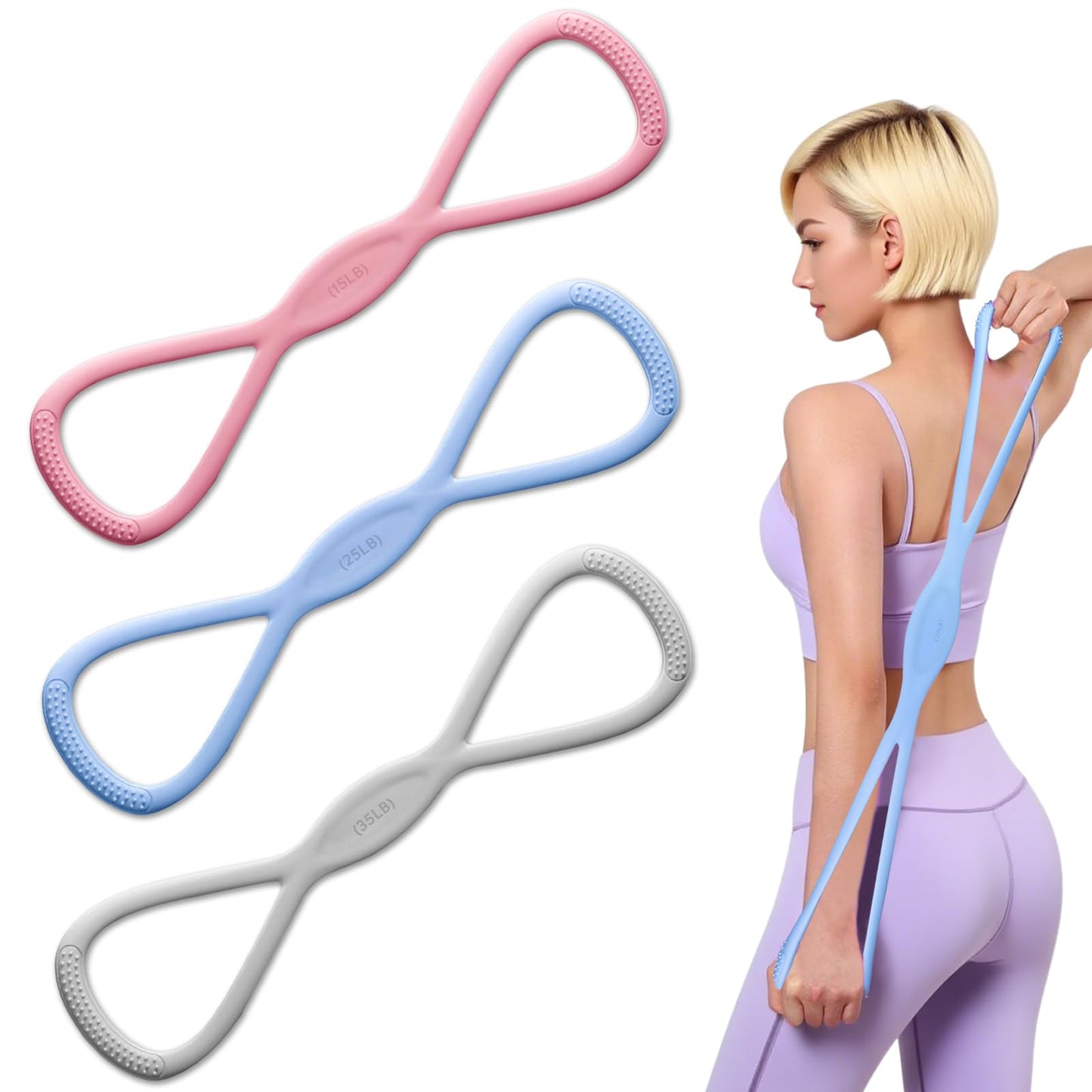 Plman 3PCS Figure 8 Resistance Bands for Women Men, Figure 8 Fitness Resistance Band, Resistance Bands with Handles, Exercise Equipment for Yoga, Pilates, Physical Therapy (15 lbs, 25 lbs, 35 lbs)
