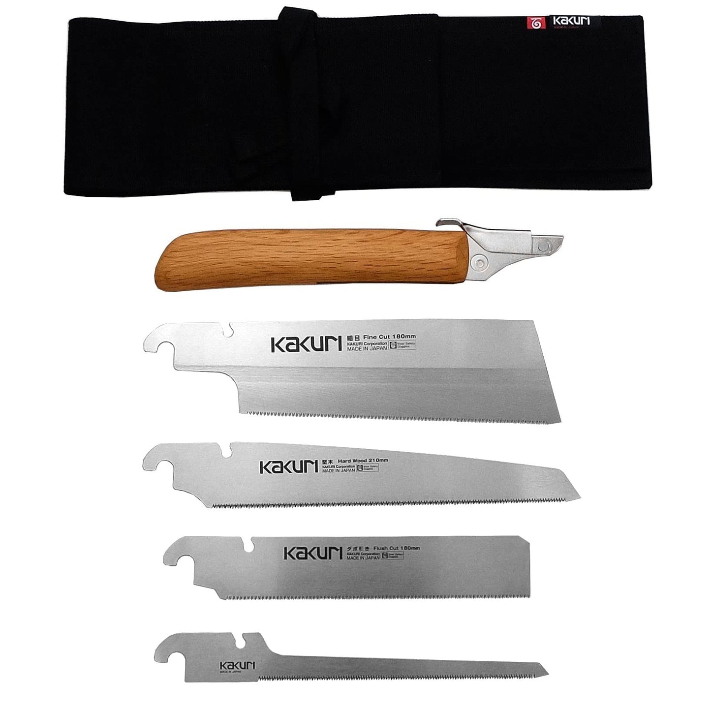 KAKURI Japanese Pull Saw Set for Precision Woodworking - Fine Cut 7", Flush Cut 7", Hardwood 8.2", Keyhole 6" - Red Oak Handles with Oil Finish, Canvas Carrying Case - Made in Japan