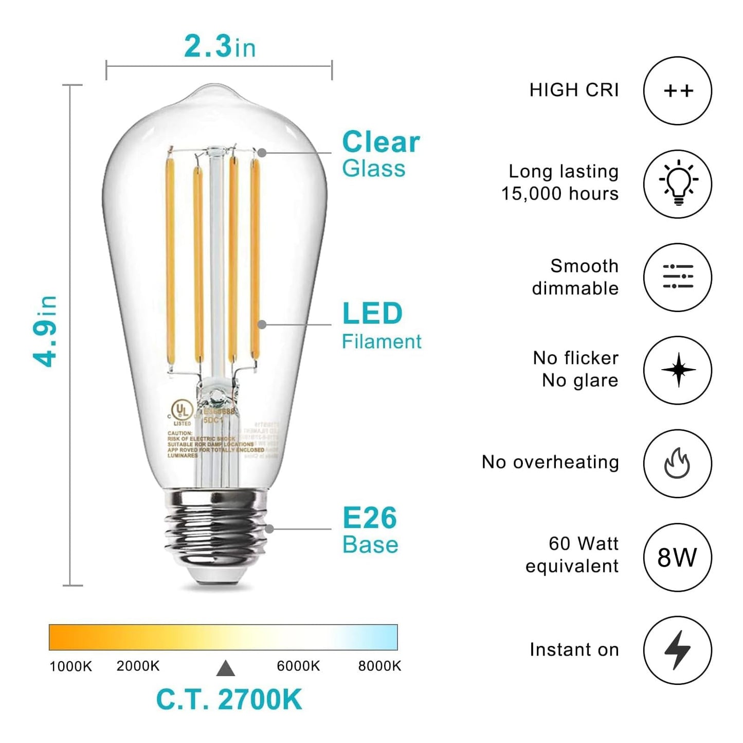 TJOY 12 Pack Vintage 8W ST58 LED Edison Light Bulbs, Dimmable, 60W Equivalent, 800Lumens, 2700K Warm White, E26 Base LED Filament Bulb, CRI80+, Antique Glass Style for Home, Bedroom, Office, Farmhouse