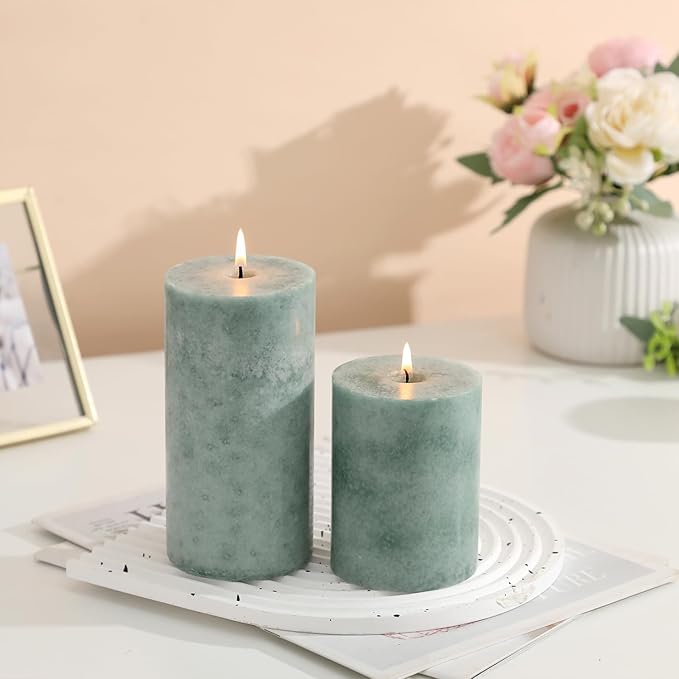 3x4 inch Green Pillar Candles Set of 3, Unscented Pillar Candle, Dripless and Smokeless Large Candles, Candle for Home Decor, Dinner Table,Weddings, Holidays