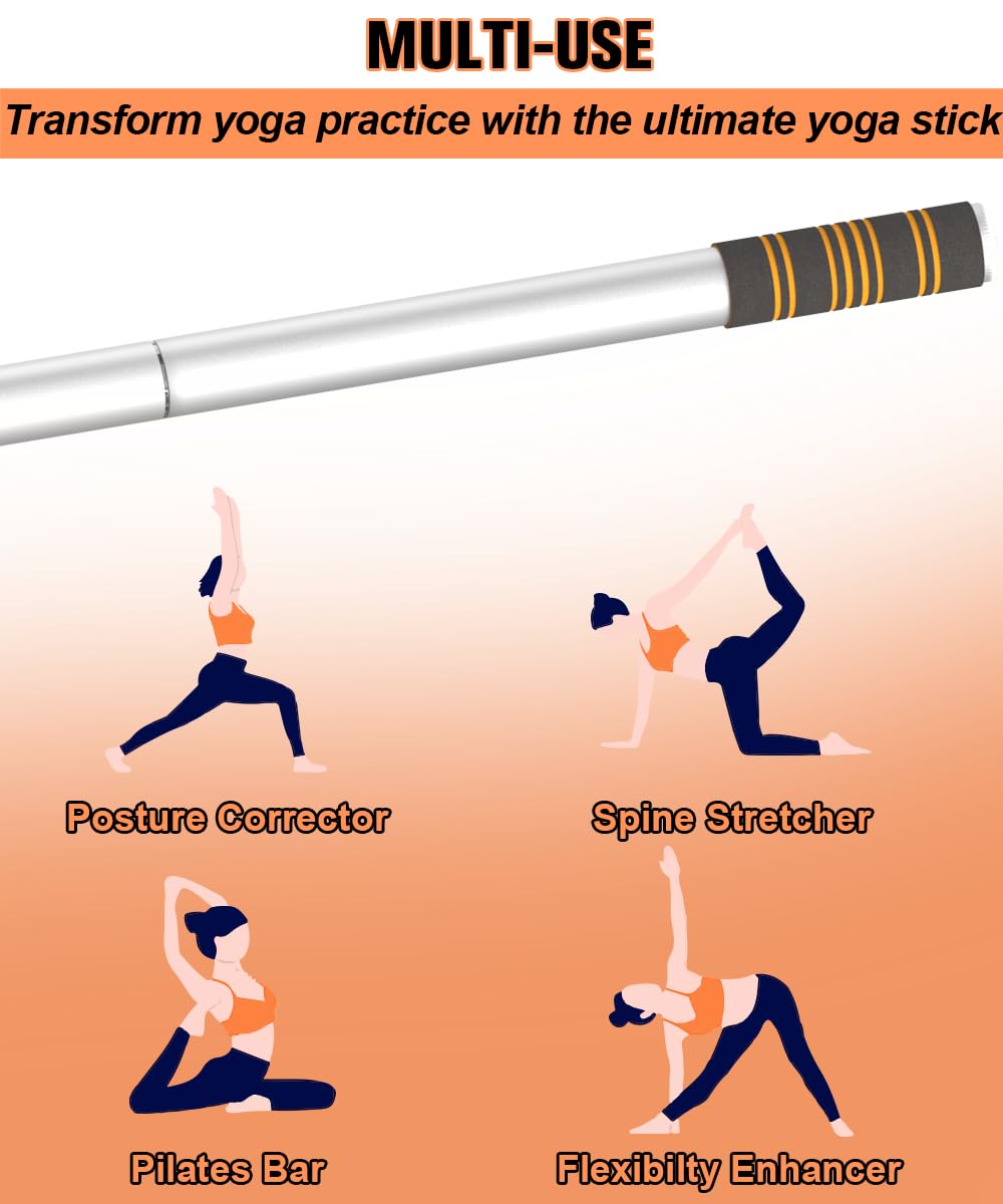 Queension 5 ft Yoga Stick Sturdy Steel, Portable Mobility Stick with Non-Slip Handle for Posture Correction, Balance, Physical Therapy, Exercise Stick with 4 Steel Rods for Stretching, Flexibility
