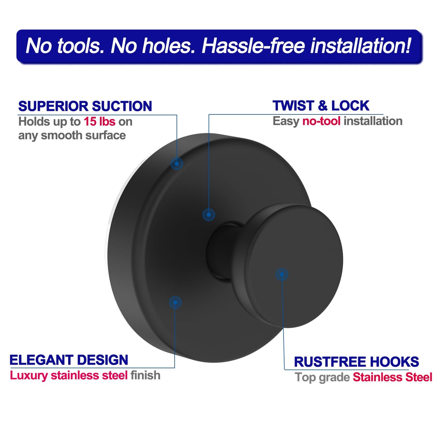 Bntuk Suction Cup Hooks for Shower, Removable Towel Hooks for Bathroom Window Glass Door Wall, Bath Robe Looafh Wreath Hook for Hanging - 2 Pack, Black