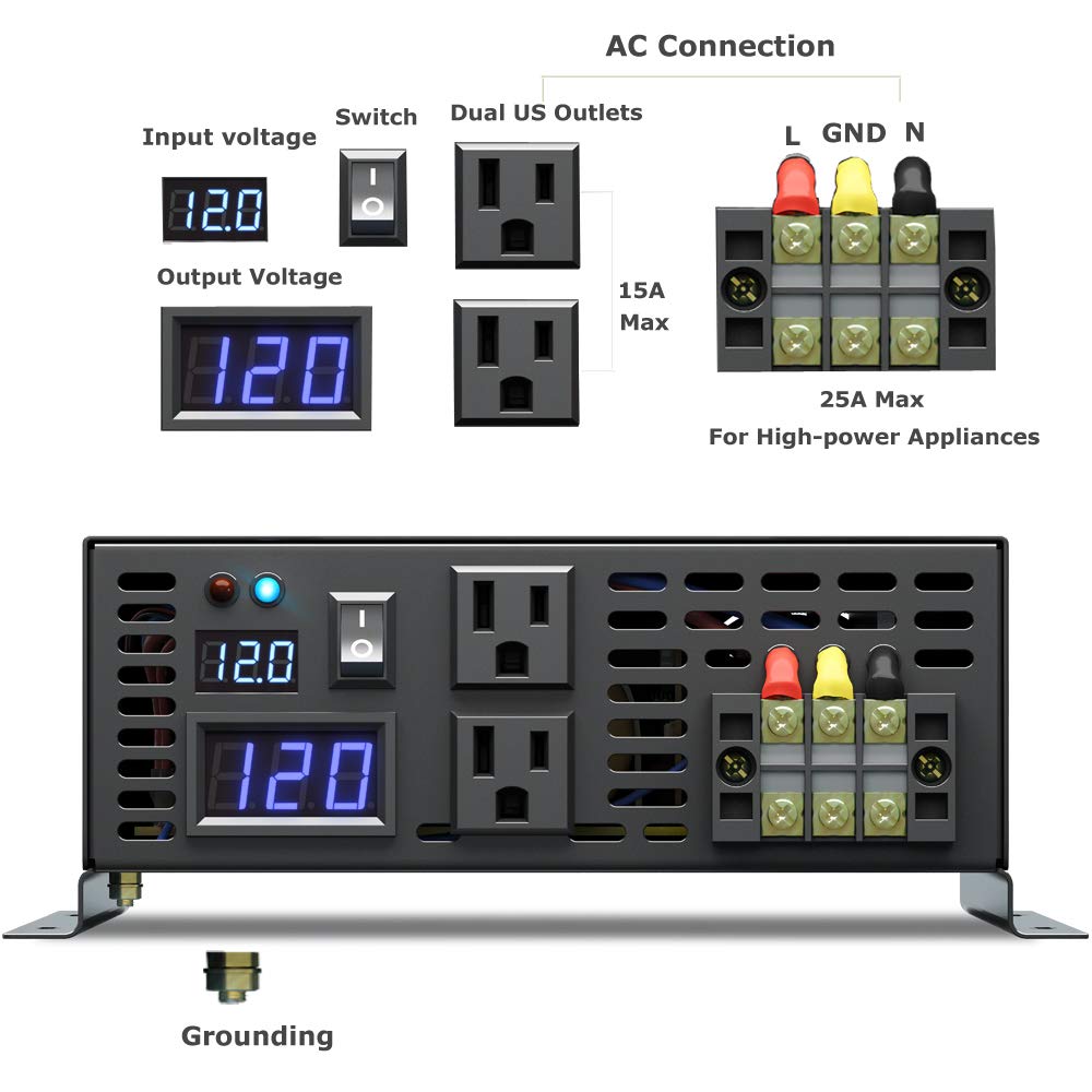 Reliable 3000W High Efficiency Pure Sine Wave Solar Power Inverter 12V 120V 60Hz Power Converter LED Display