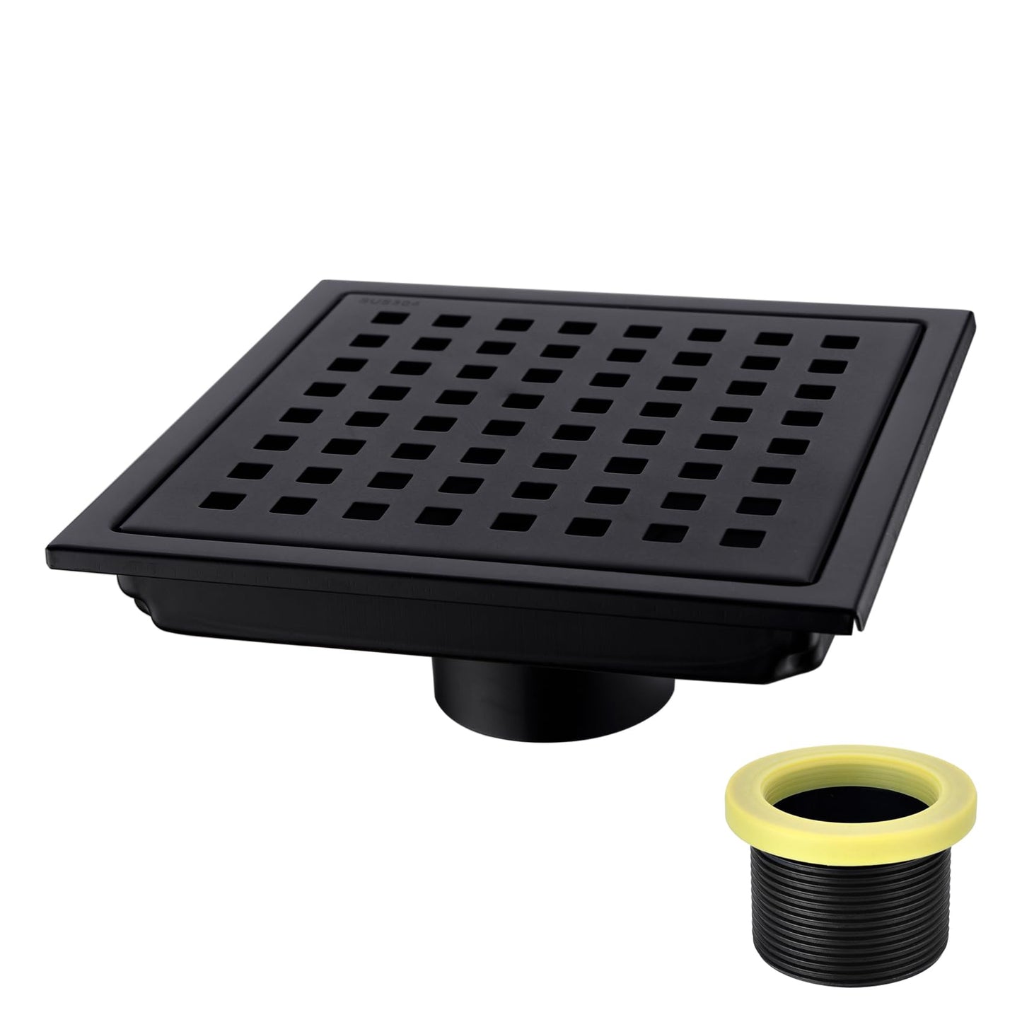 6 inch Stainless Steel Shower Floor Drain with Threaded Adapter, Removable Grid Cover, Black