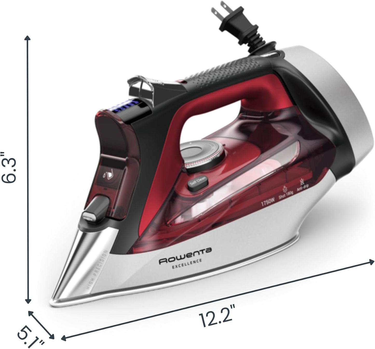 Rowenta Focus Excellence Steam Iron - 1750W Stainless Steel Soleplate, Retractable Cord, Red | 400+ Microsteam Holes