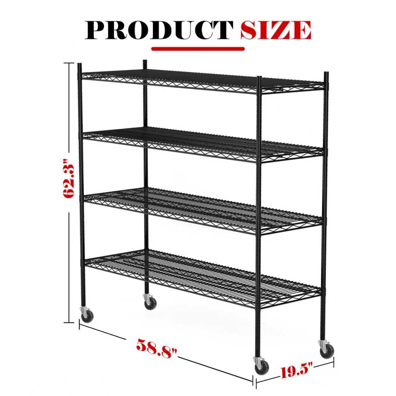 Vioranex Heavy Duty Adjustable Metal Shelving Unit with Wheels, 2400LBS Capacity, 4-Tier Wire Rack for Garage, Pantry, Kitchen, 59" W x 19.5" D x 62.3" H