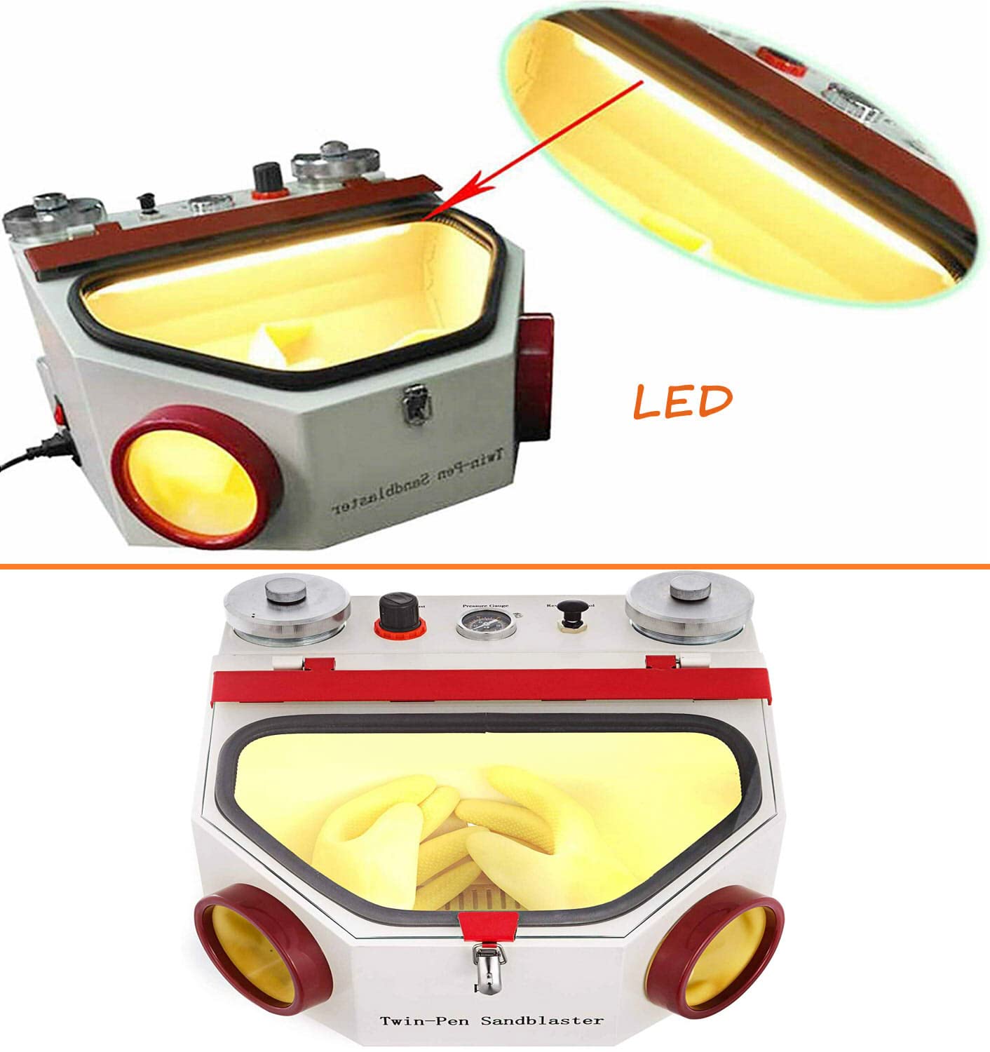 Global Lab Sandblaster Double Pen Fine Sand Blasting Machine Large View Window Sandblaster Unit with LED Lamp with 2 Pen + 2 Iron Cups