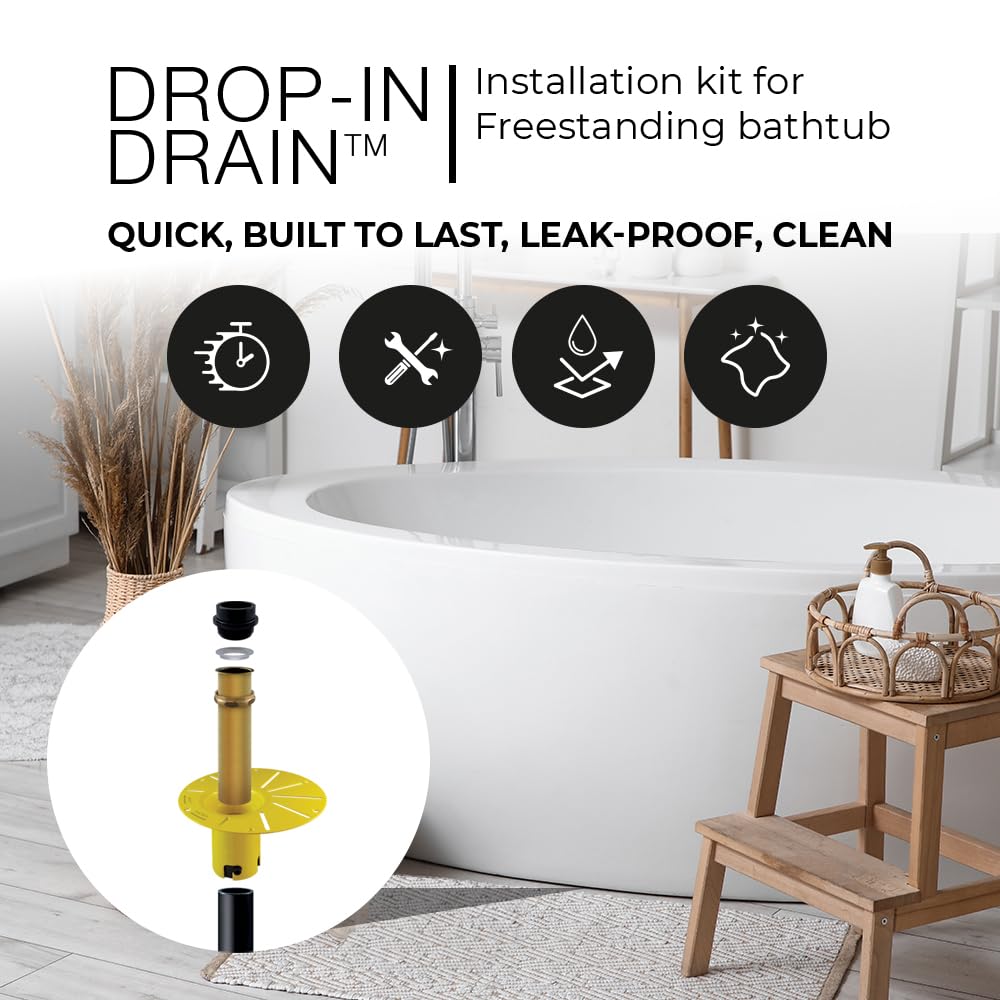 Drop-In Drain Installation Kit for Freestanding Tubs | Black ABS & Brass Pipes | Fits 1-1/2” Male, Female or Threaded Drain | Quick, Leak-Proof Connection | Easy DIY Install