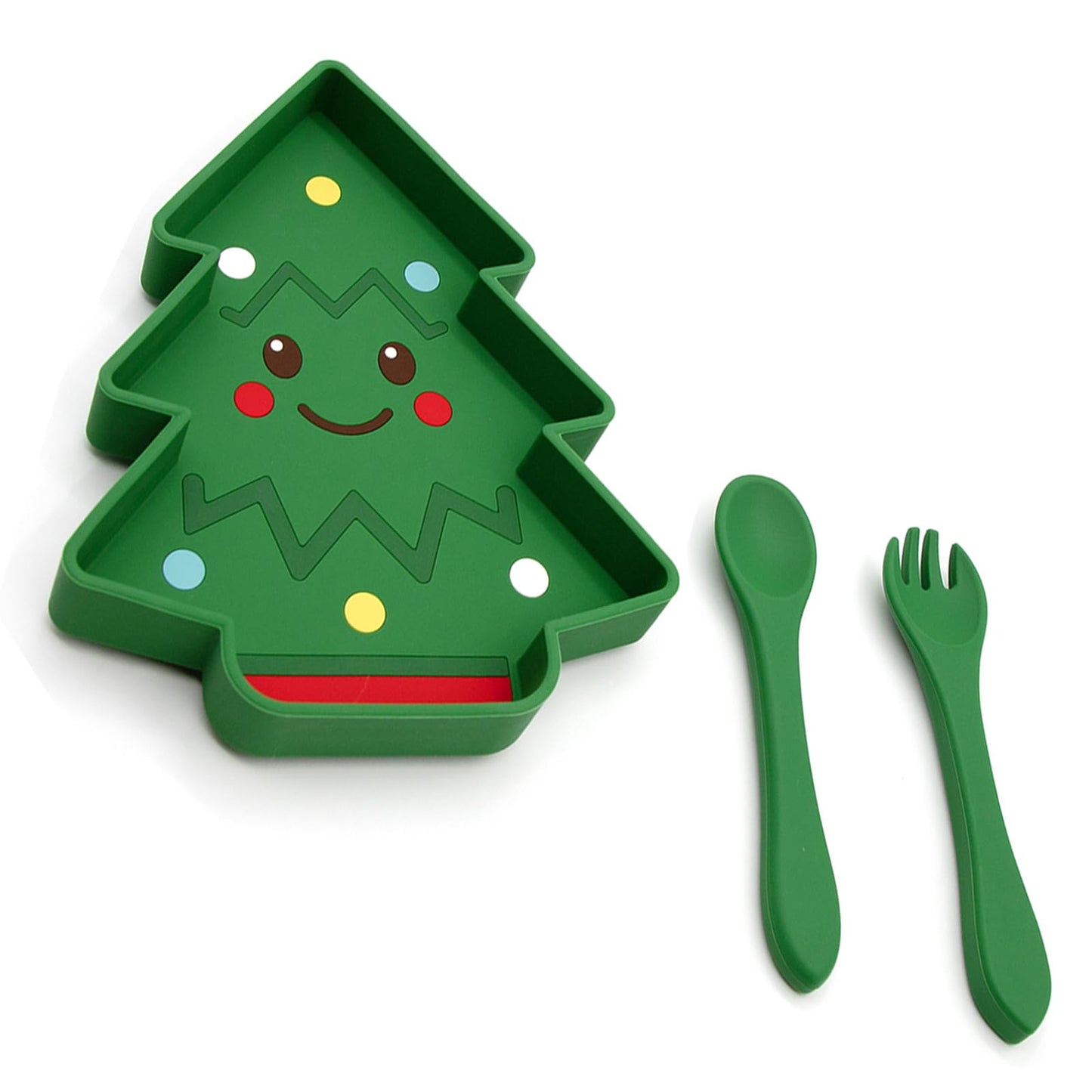BabyX Baby Silicone Feeder Set, 3-pcs Christmas-themed Baby Plate with Suction, Spoon and Fork for Babies Toddler Kids, BPA-Free, Baby Utensils Feeding Supplies, Microwave and Dishwasher Safe