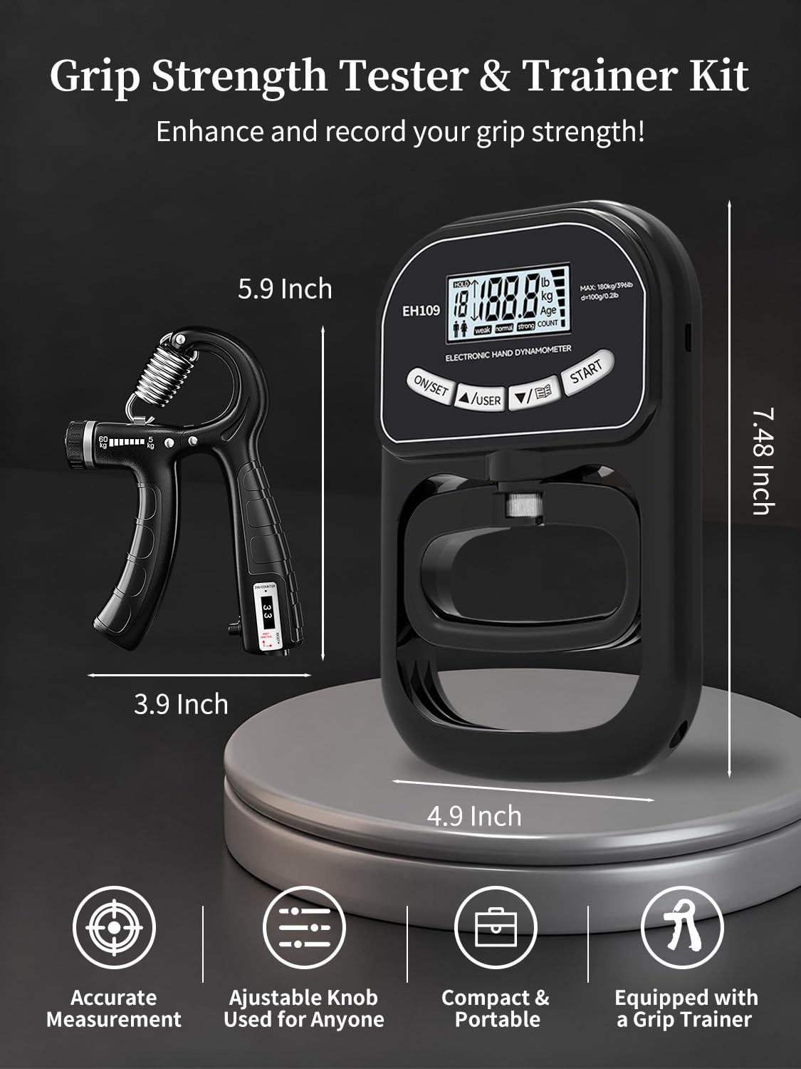 Saicefe Grip Strength Tester Trainer Electronic Hand Dynamometer of 396lbs/180kg & Grip strengthener with Adjustable Resistance for Sports Home Gym with Digital Display Precision Training for Rehab Fitness
