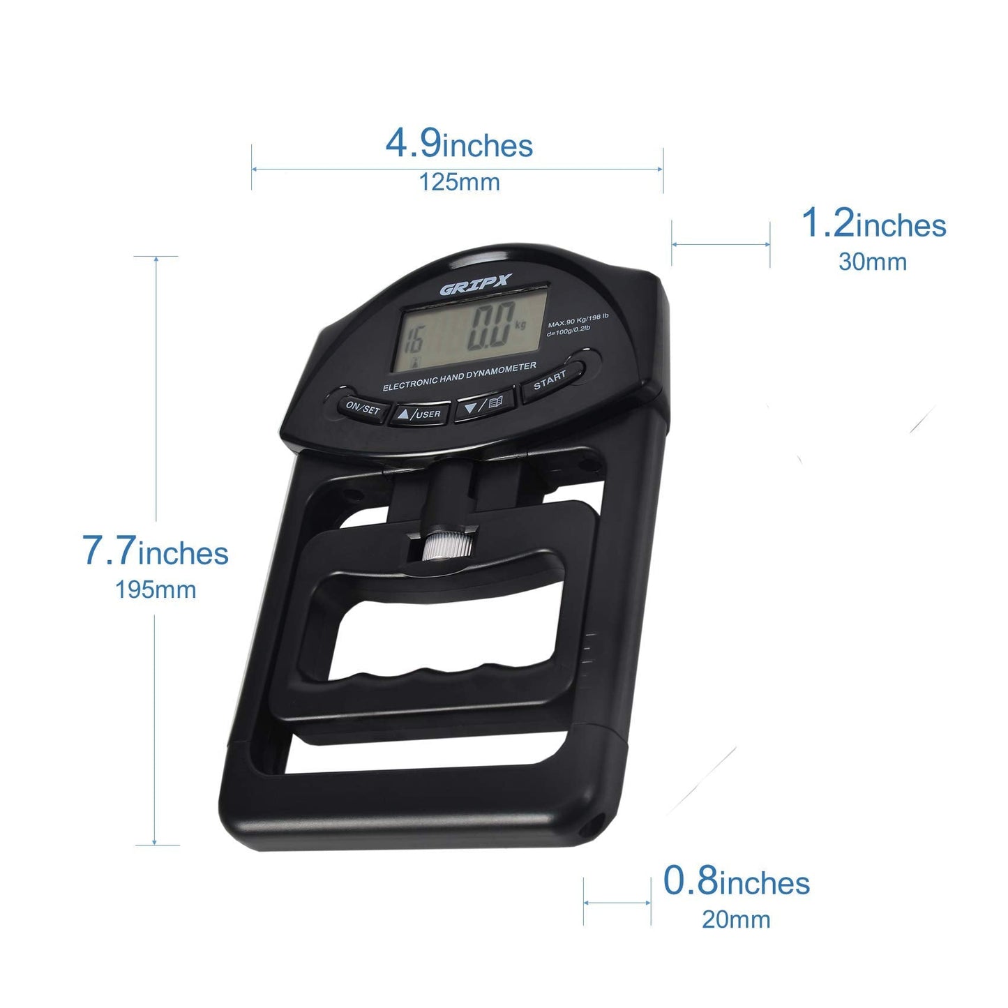 GRIPX Digital Hand Dynamometer Grip Strength Measurement Meter Auto Capturing Electronic Hand Grip Power 198Lbs / 90Kgs, Black